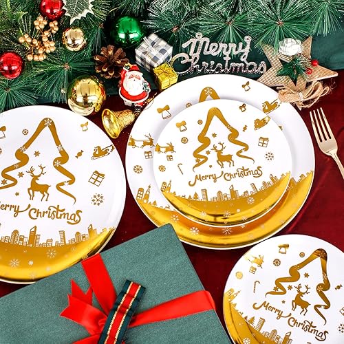Miniatura 4 de DaYammi 60PCS Christmas Plastic Plates Gold Disposable Plates Christmas Party Plates With Christmas Tree Bell Deer Snowflake White and Gold Plastic