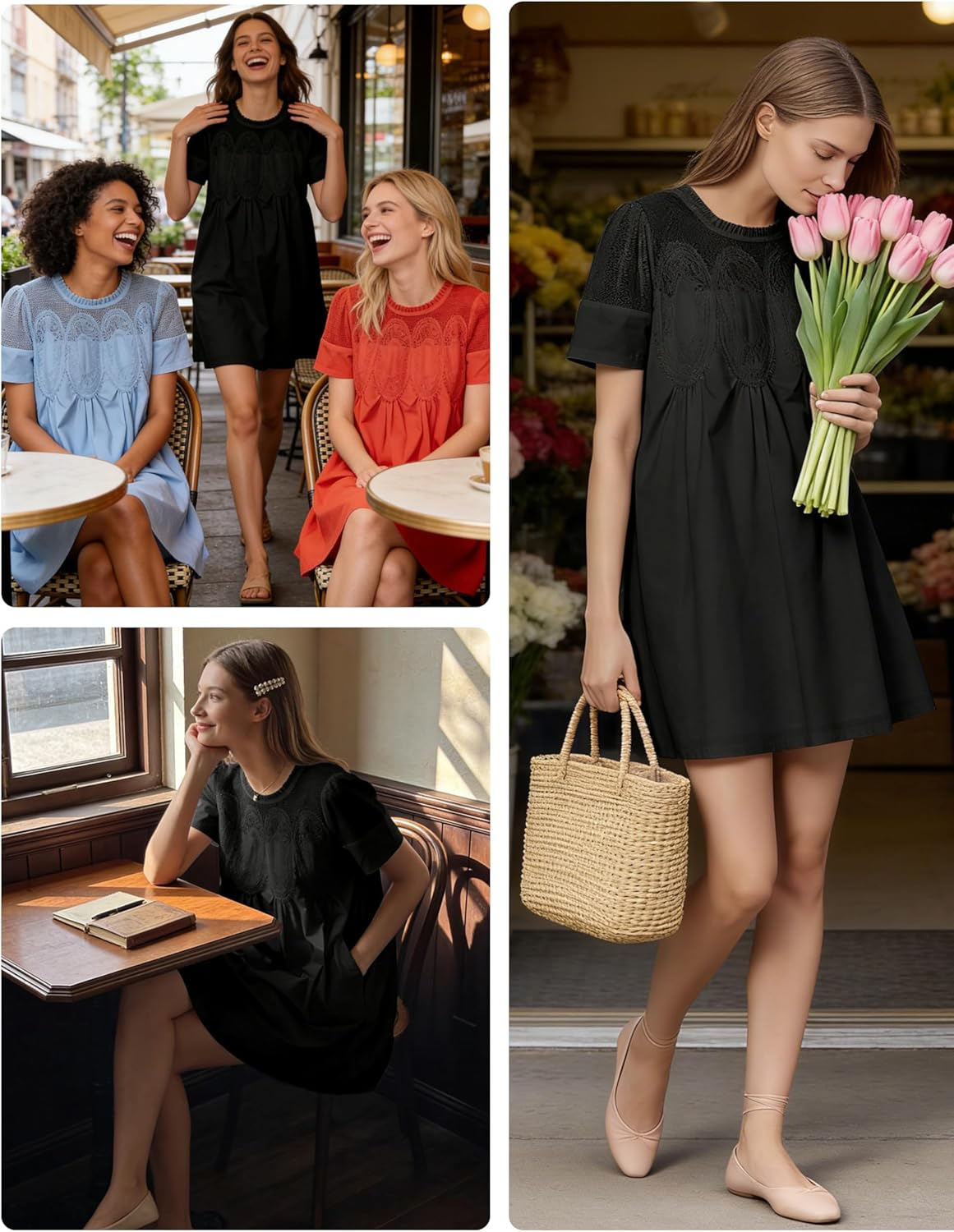 Shiyifa Womens Babydoll Lace Patchwork Dresses Summer Short Sleeve Ruffle Sundress Loose Crew Neck A-Line Dresses - Image 5