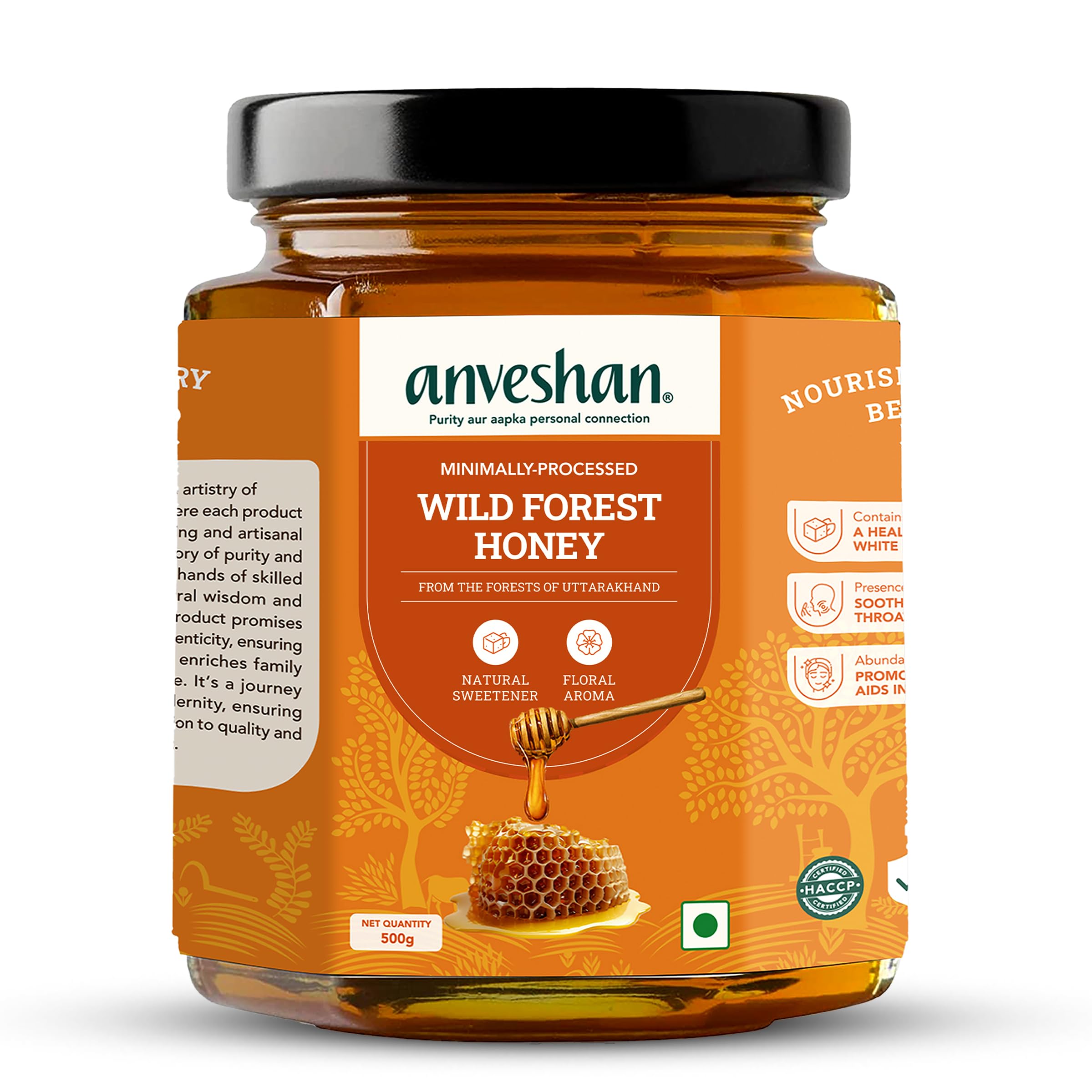 Anveshan Wild Forest Honey 500g | Raw, Minimally processed | No Added Sugar | 100% Pure Natural Honey | Immunity Booster | Forest Harvested | Glass Jar | Lab Certified