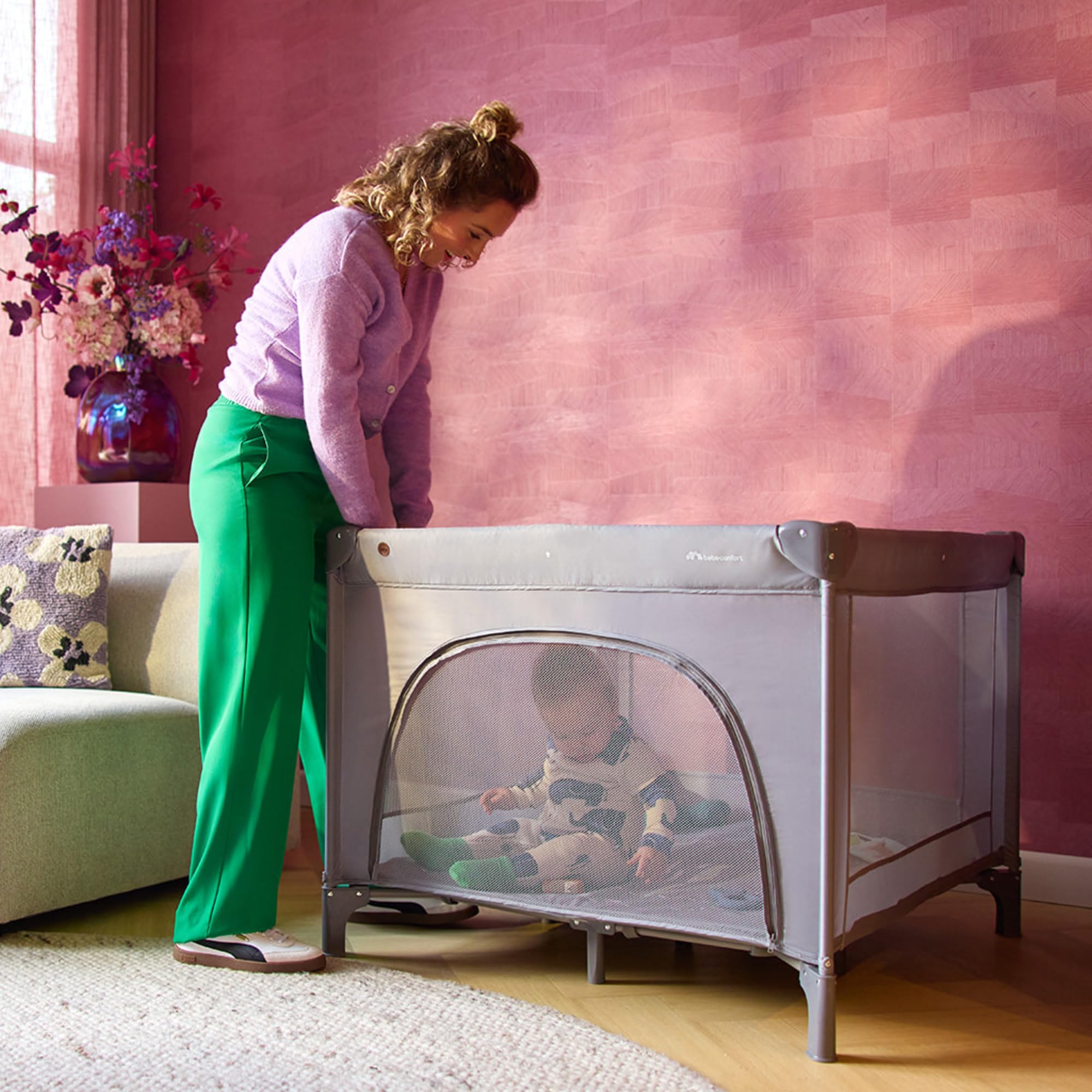 Bebeconfort Adonis, lit parapluie et parc bébé 2-en-1, 0-3 ans (15 kg), lit bébé pliable compact, fenêtre d’entrée latérale, grand matelas rembourré, facile à plier, design stable, Mineral Grey