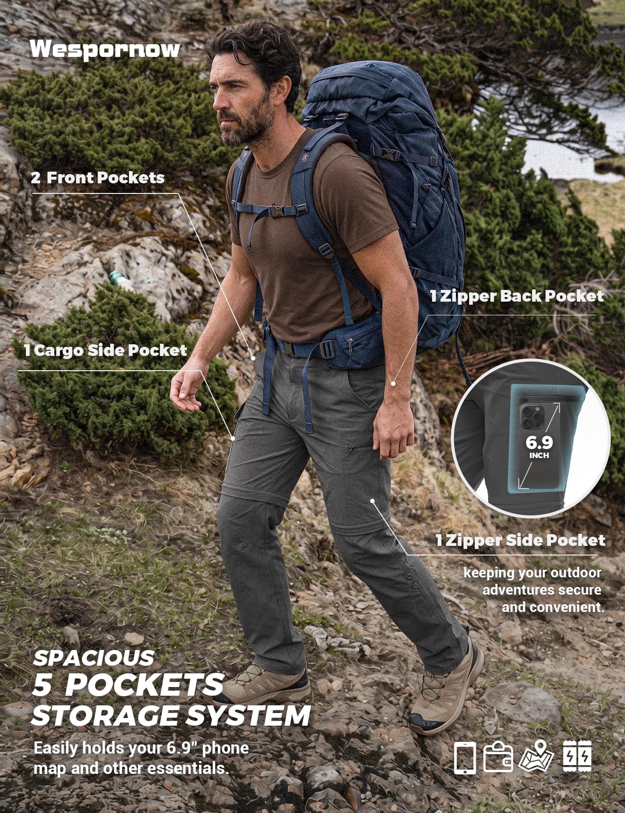 Wespornow Herren Zip-Off Wanderhose Trekkinghose Atmungsaktiv Outdoorhose Schnell Trockend Sommer Funktionshose 5 Taschen