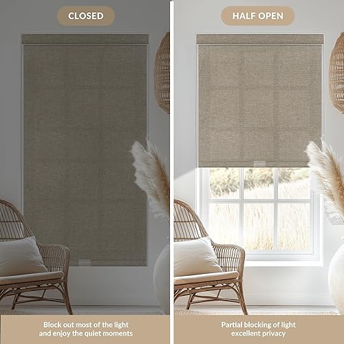 Miniatura 6 de Boolegon Persianas enrollables de filtrado de luz para ventanas, persianas enrollables sin cordón de tela de lino con cenefa de cassette,