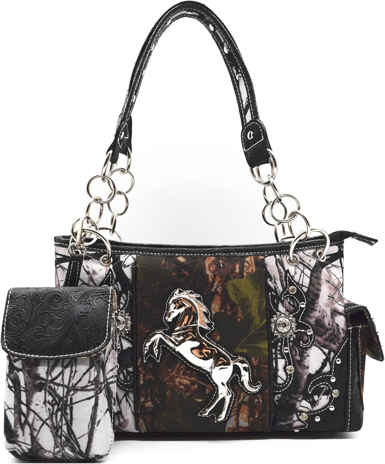 Camouflage Western Style Horse Purse For Women Studded Handbag Floral Tooled Leather Country Shoulder Bag Matching Wallet Set - Image 2