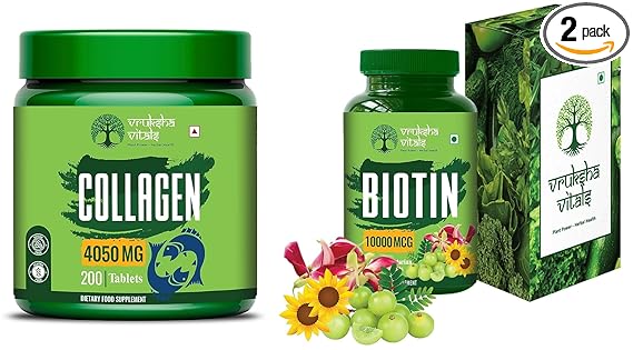 Vruksha Vitals Collagen 200 tablets & Biotin 120 tablets - Supports hair, skin & nails health