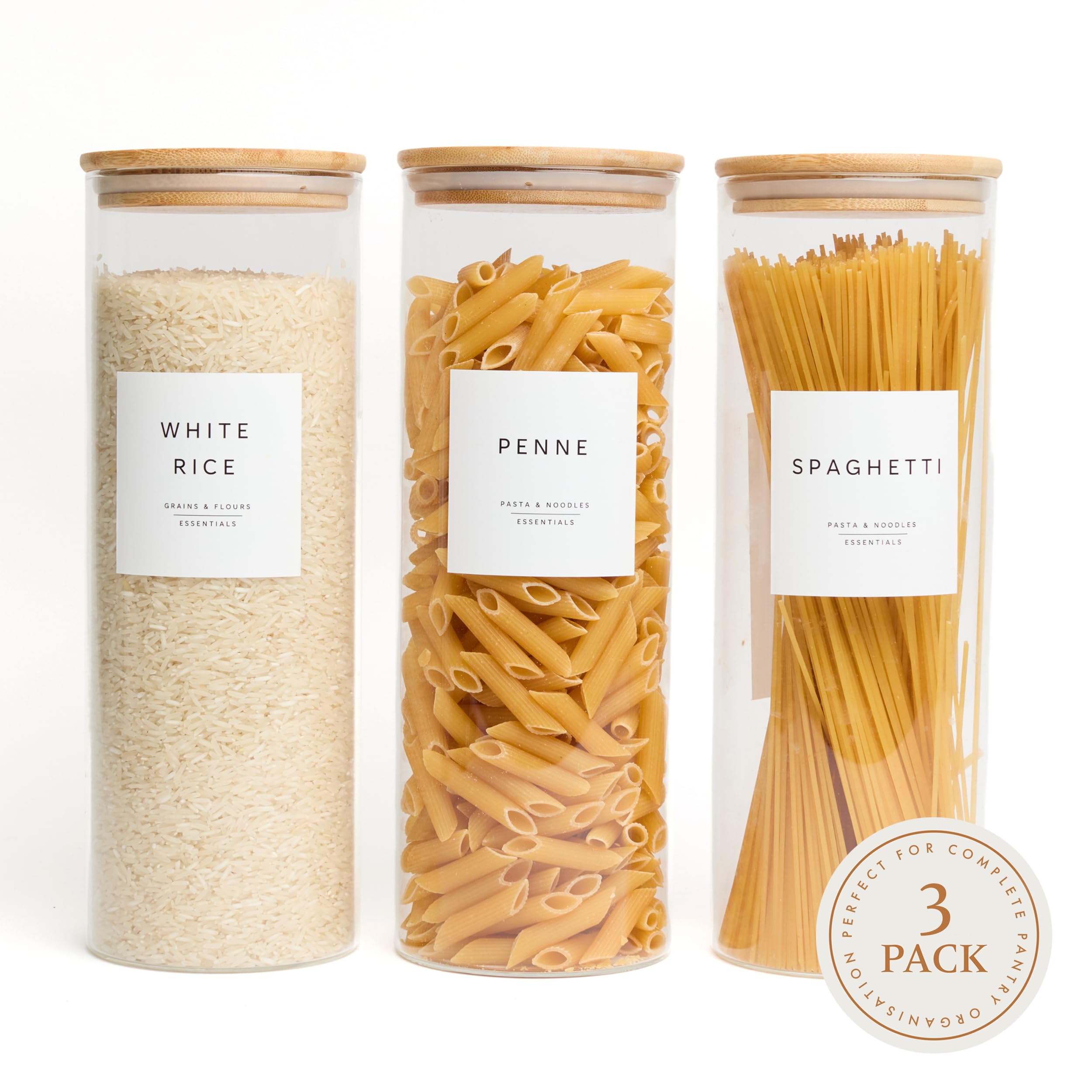 Livabl Set di 3 barattoli in vetro di bambù con coperchi ed etichette, 2,2 l, per spaghetti, pasta, avena, cereali, riso, contenitori da cucina