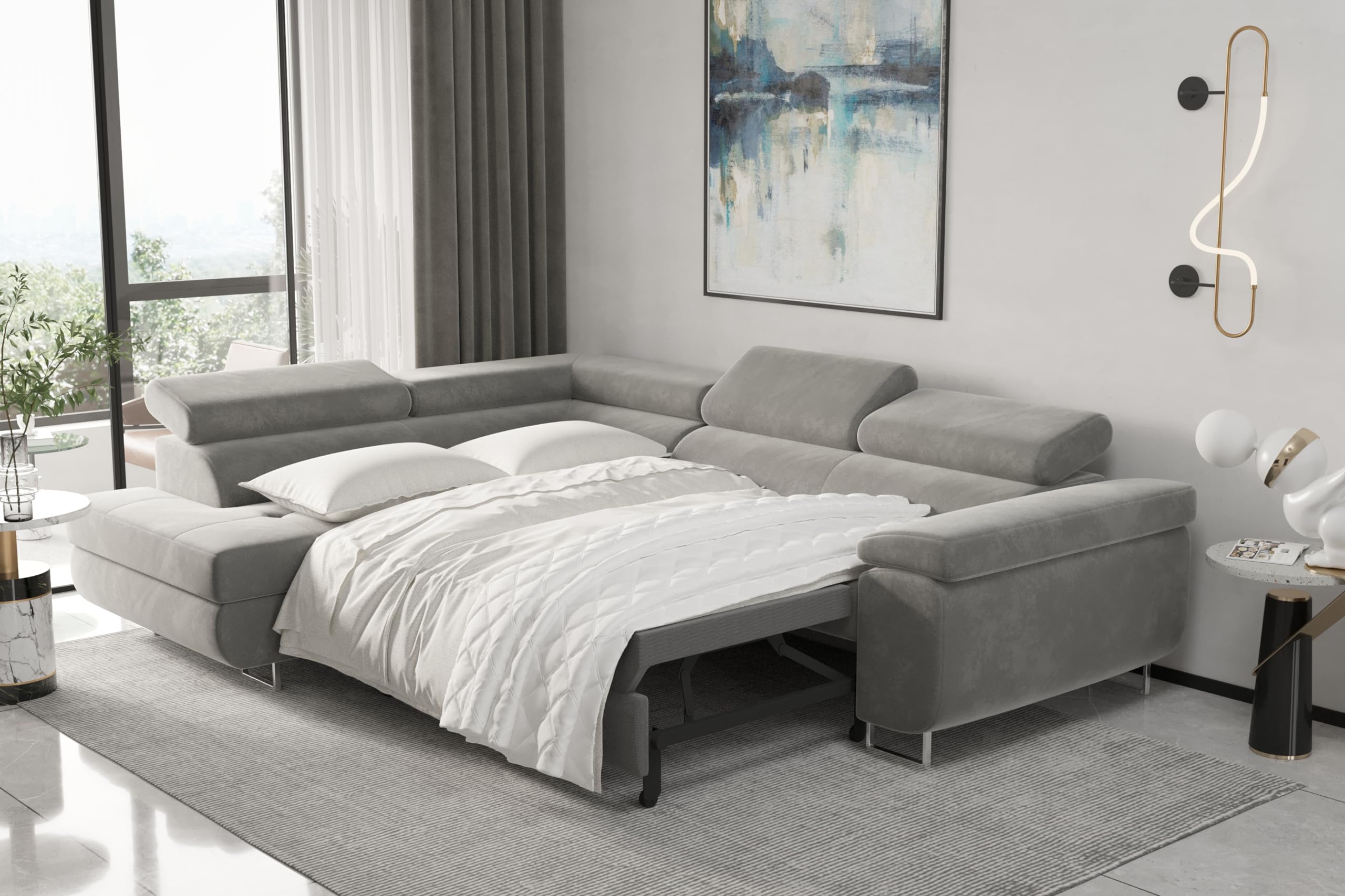 Atom Lux nowoczesna sofa narożna stylowa tapicerowana kanapa w kolorze jasnoszarym tkanina klasy A idealna do salonu wygodny i modny design