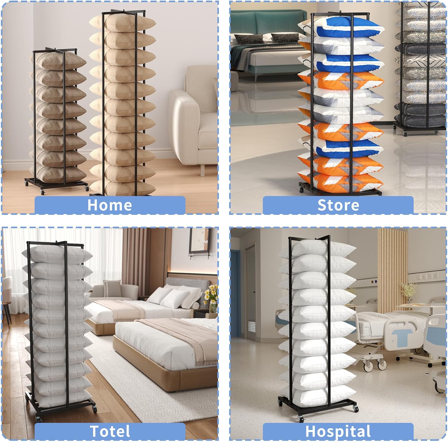 Pillow Storage Rack,77" Floor Standing Throw Pillow Stand, Pillow Display Rack with Wheels,Decorative pillow holder for Sofa Couch,Bedroom,Living Room,Hotel,MallPillow,Height Adjustable