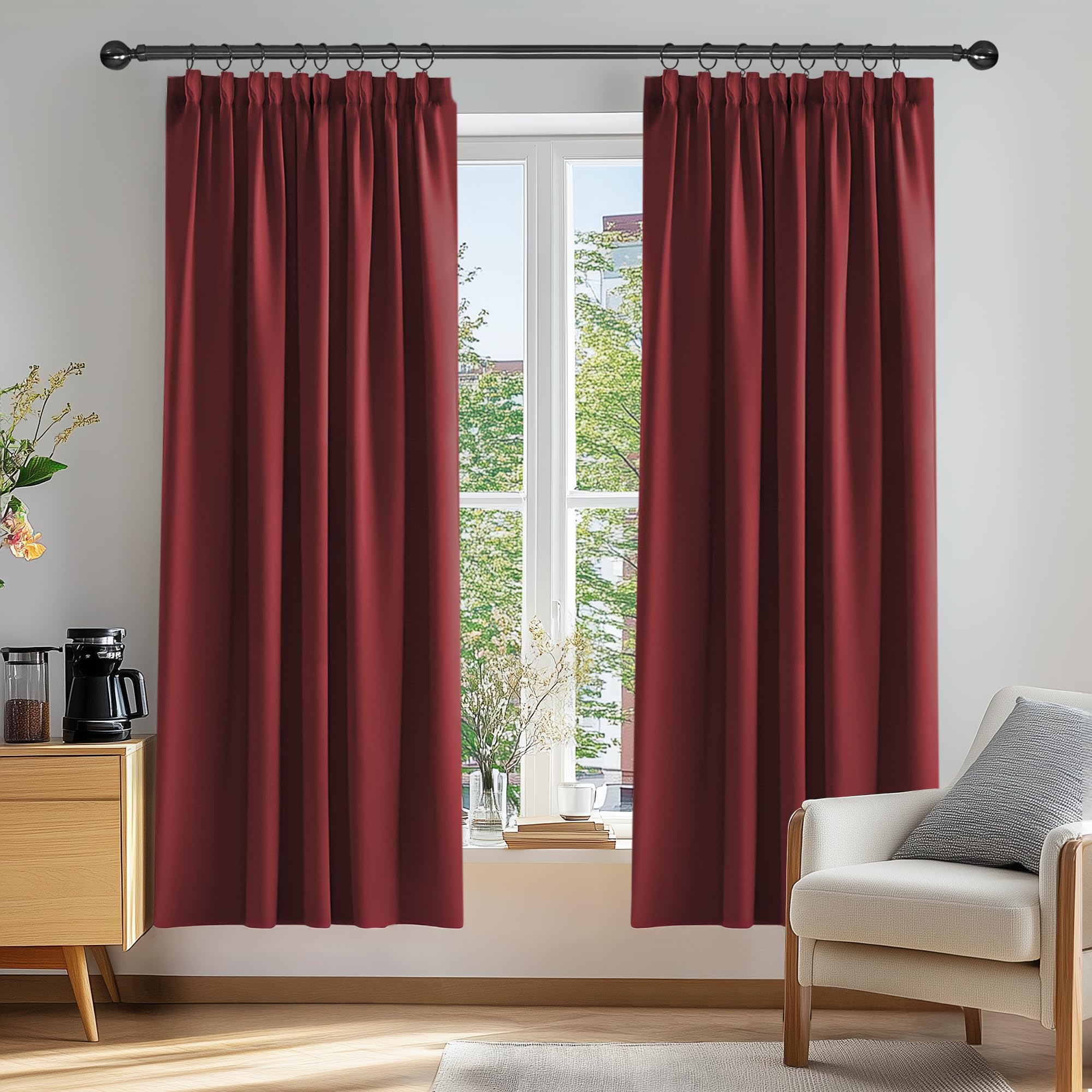 Deconovo Red Solid Pencil Pleat Curtains Thermal Insulated Tape Top Blackout Curtains For Bedroom 46 X 72 2 Panels