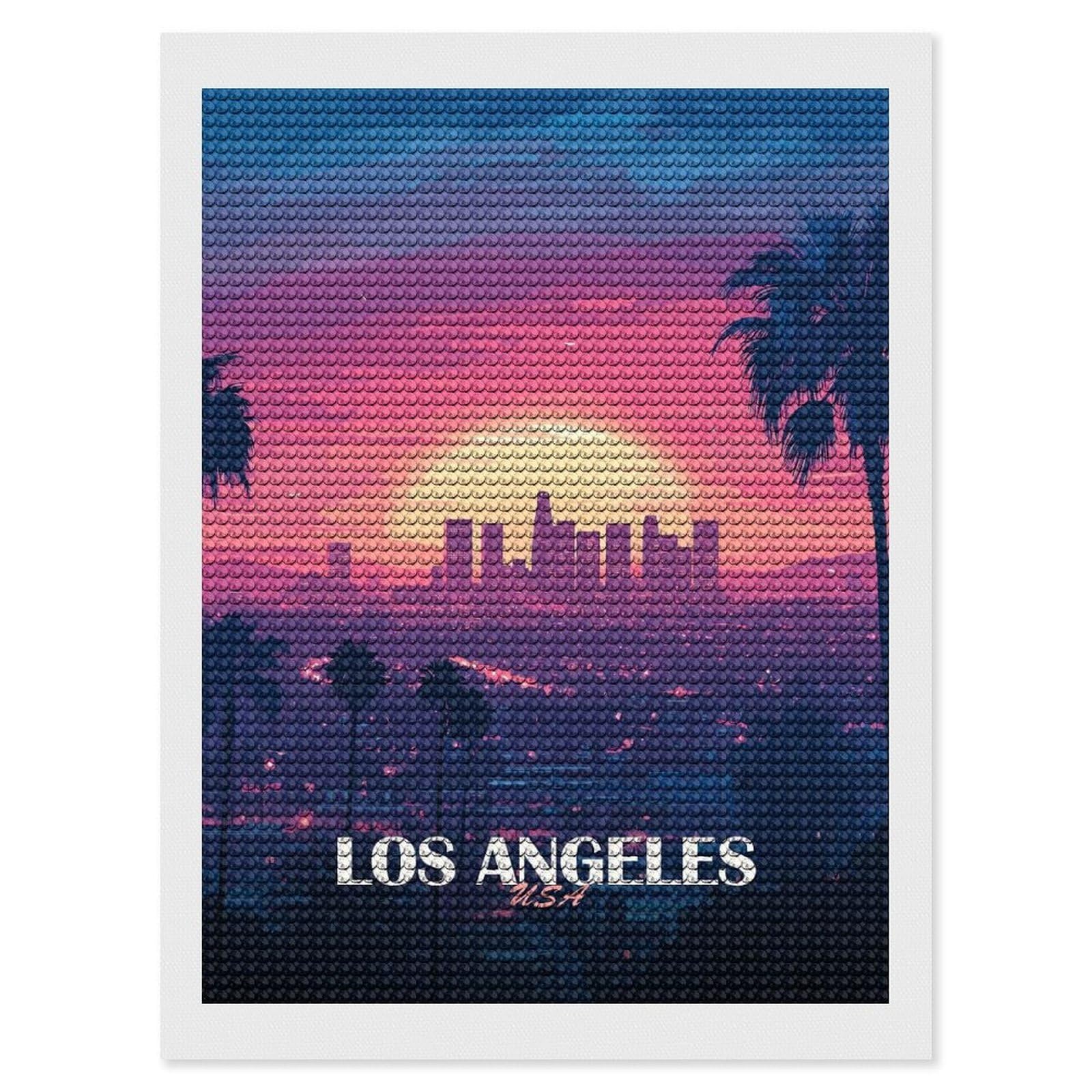 Junmoney Los Angeles Sunset Skyline Illustration Diamond Painting Canvas Kit 12"x16", Adhesive Canvas, Living Room Decor, Farmhouse Decor, Winter Craft