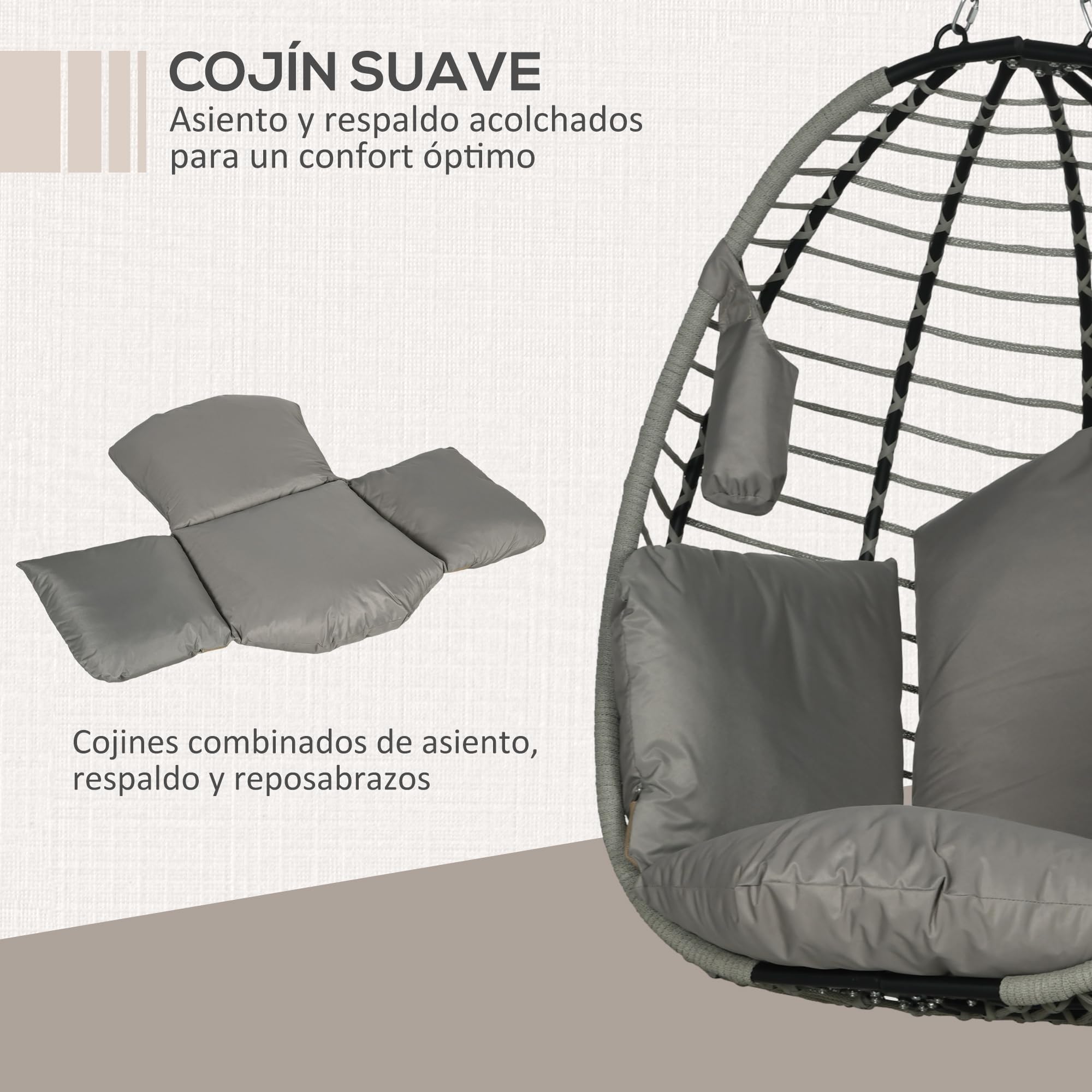 Outsunny Silla Colgante Huevo con Soporte Columpio de Jardín Exterior con Cesta Plegable Reposacabezas Cojín Bolsillo Lateral Columpio Colgante para Interior y Exterior Carga 120 kg Gris