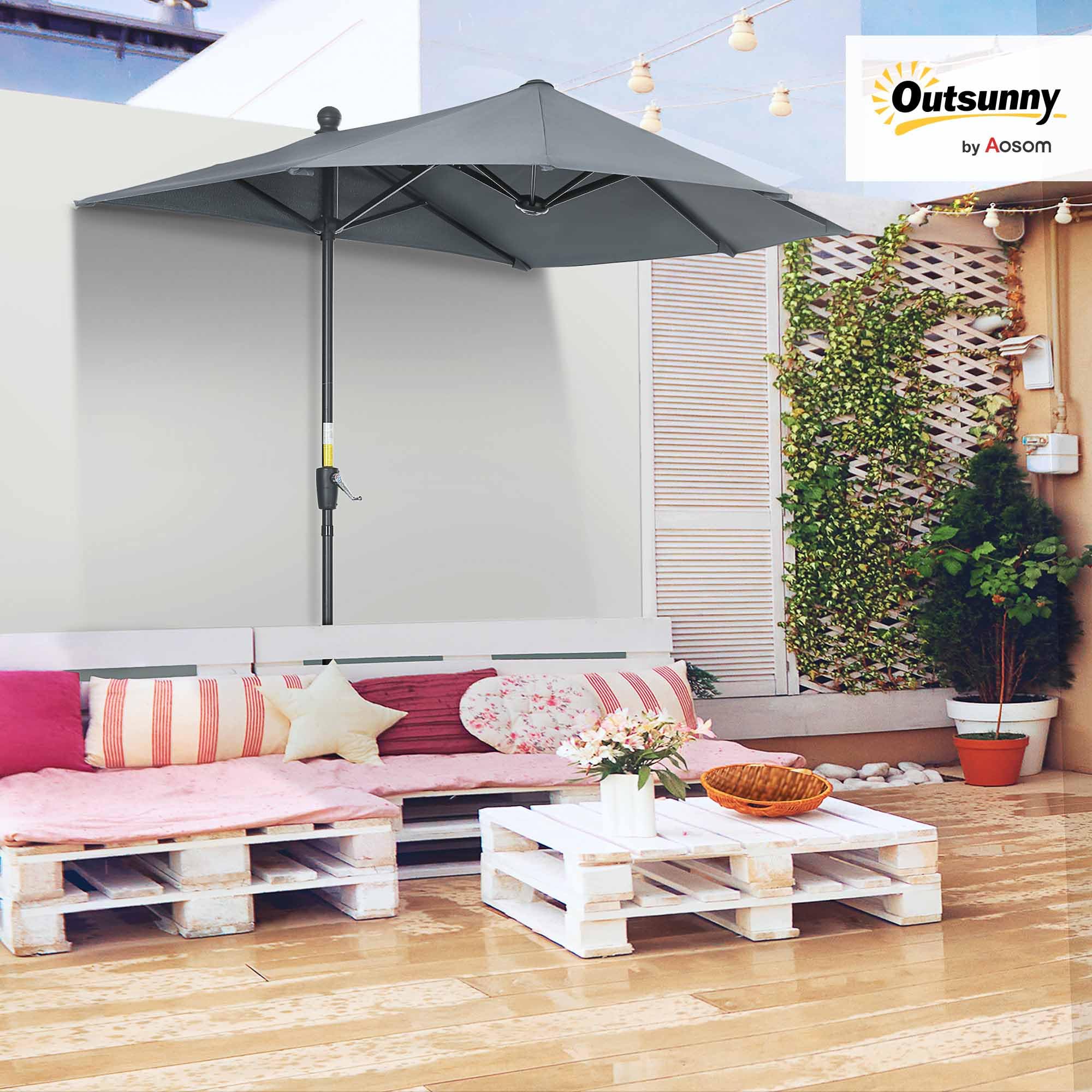 Outsunny Ombrellone da Giardino Parete e Muro 2x1.9 m Anti UV | Apertura a Manovella, Ombrellone Mezzaluna Doppio, 7 Stecche, Supporto a Croce in Acciaio, Poliestere 180g/㎡, Balcone