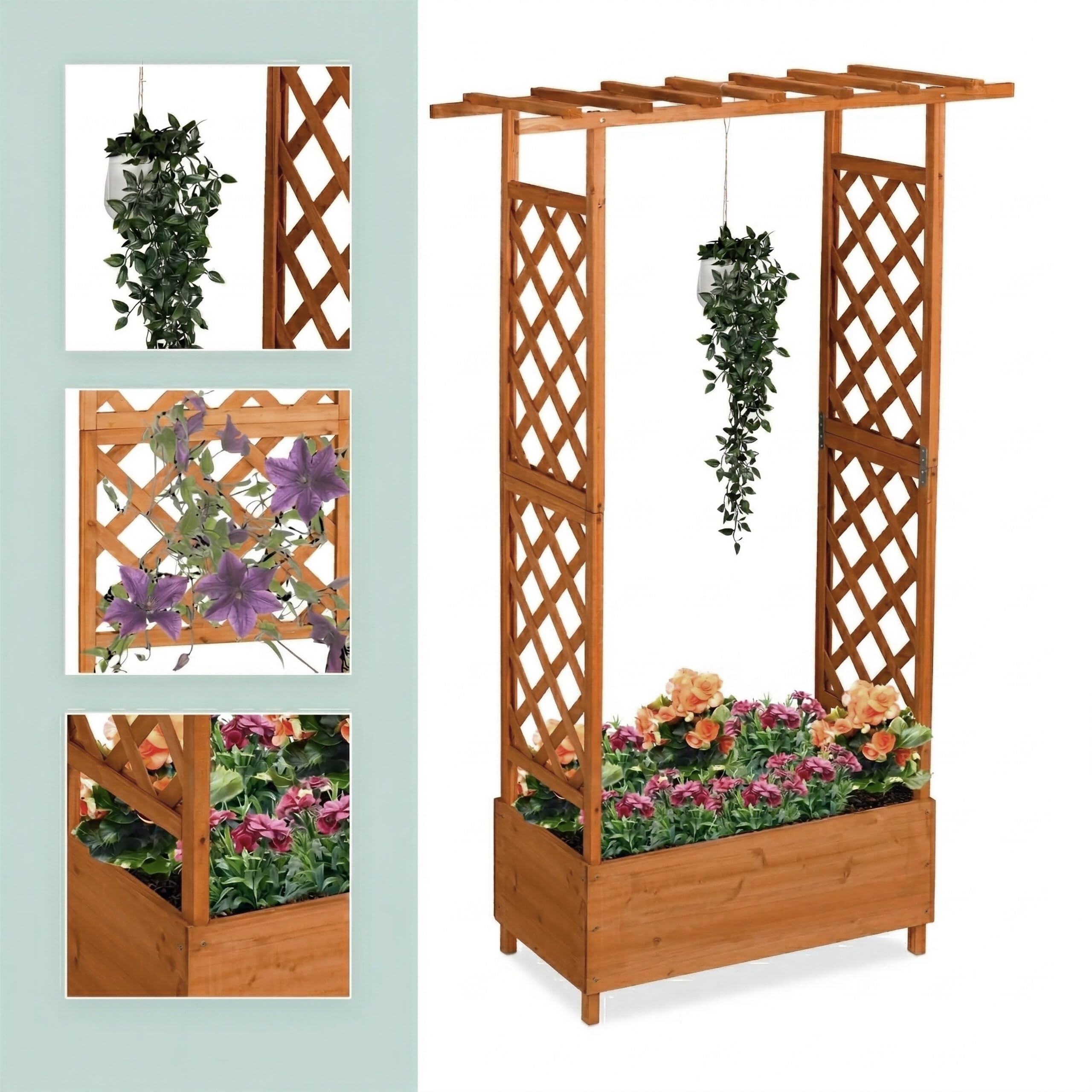 Relaxdays Fioriera con Traliccio Rampicanti e Tettoia, 183x110x44 cm, Portafiori da Balcone e Giardino, Legno, Marrone
