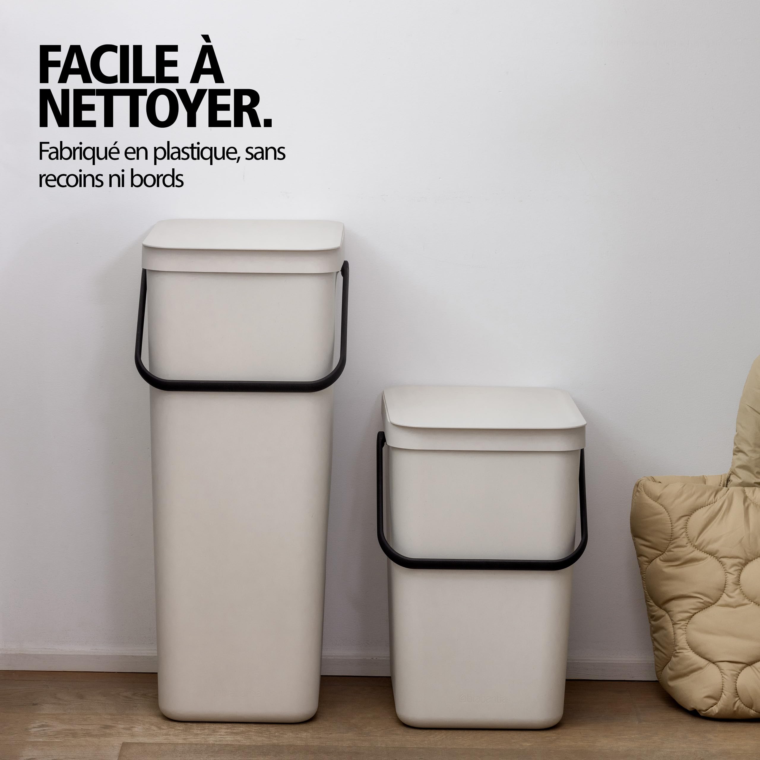 Brabantia Poubelle Sort & Go 40L (Beige clair) – Système de tri des déchets avec poignée de transport, couvercle amovible et à ouverture permanente – Poubelle cuisine à nettoyage facile sans rebords