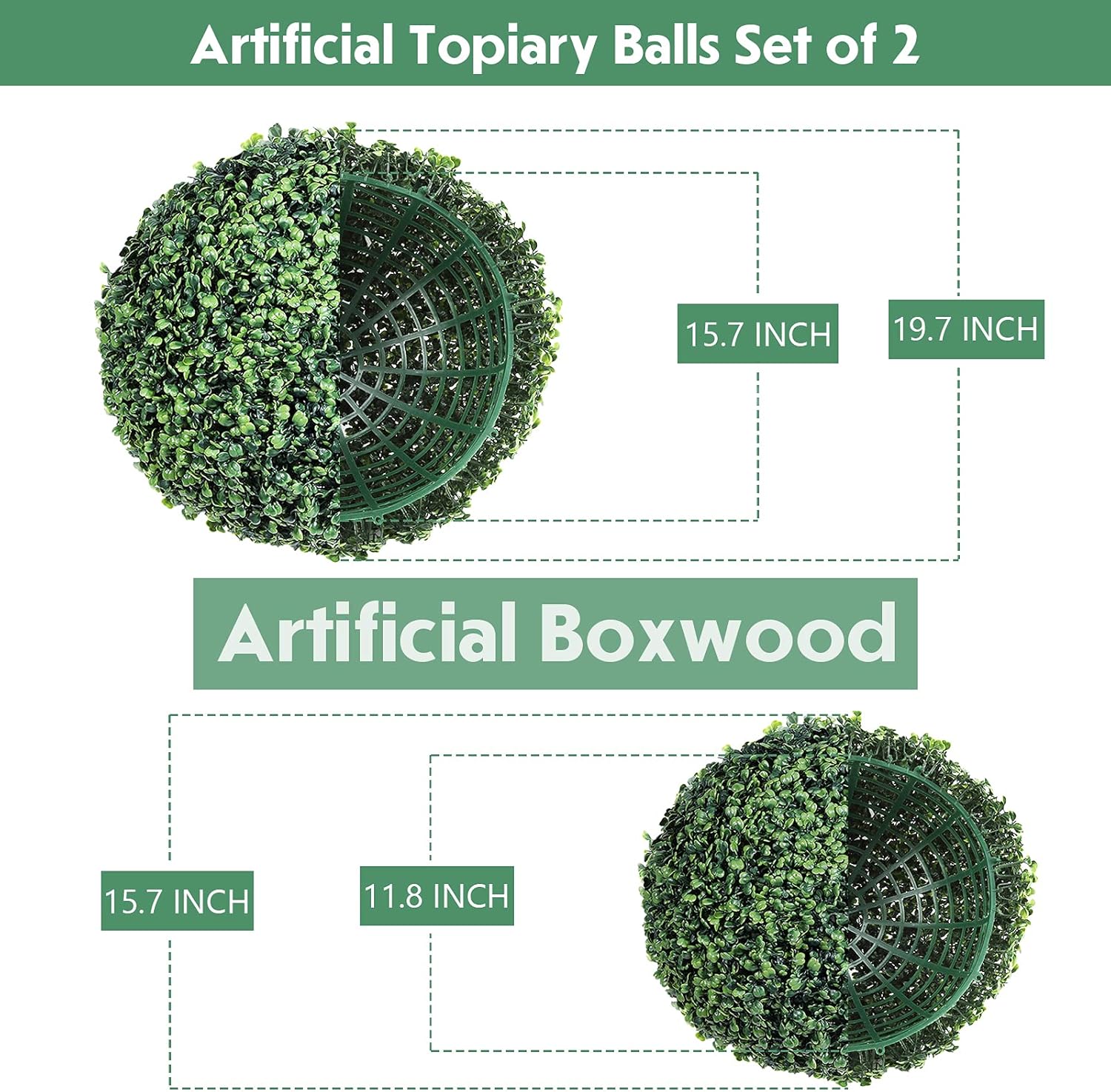 THE BLOOM TIMES Boxwood Balls, Set of 2 Round 19.7 Inch Artificial Plant Topiary Ball Faux Decorative Ball Outdoor UV Protected 4 Layers for Front Porch, Patio, Planter, Garden, Indoor Home Decor -