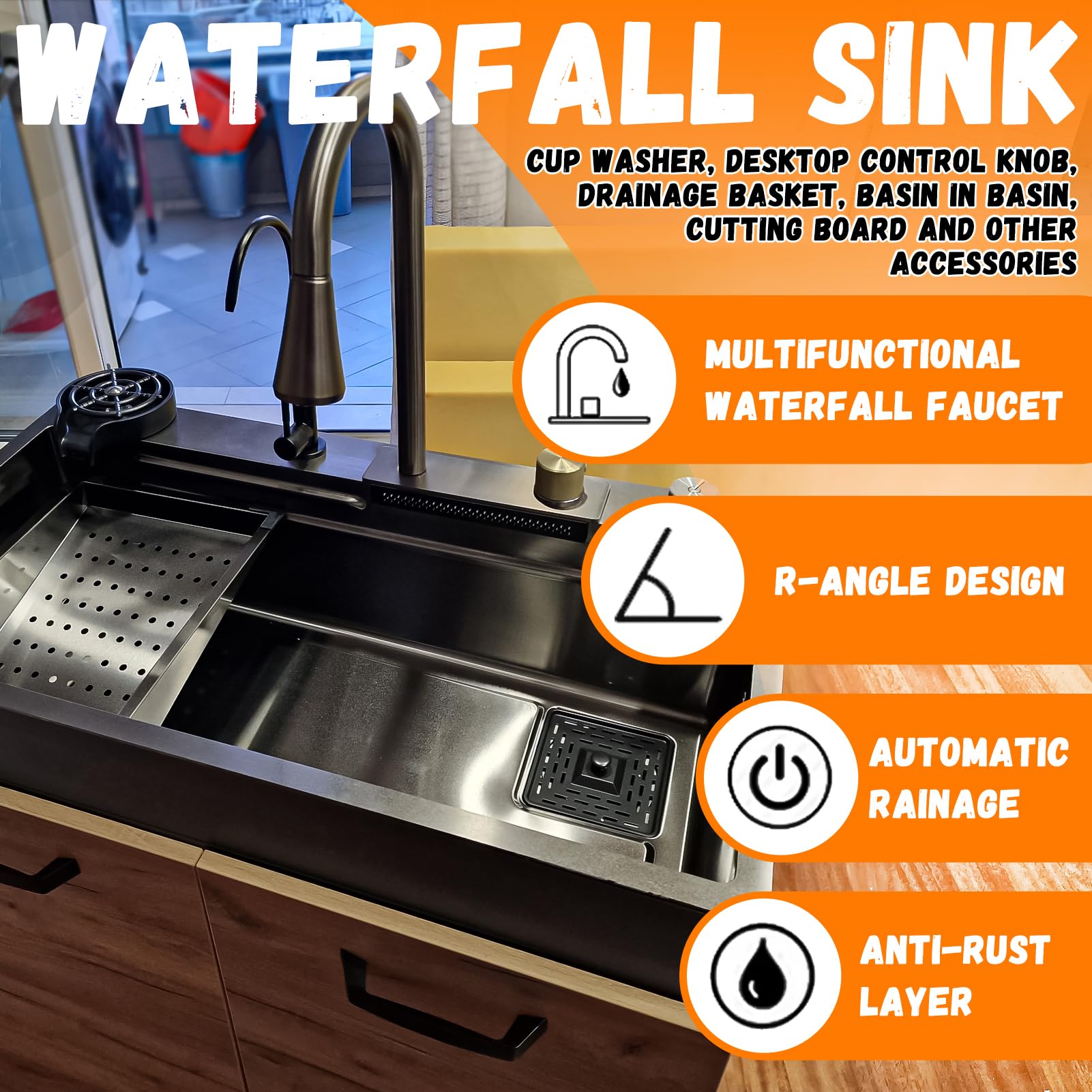 Nuovo lavello a Cascata in Acciaio Inox 304 per Bar/Cucina con lavabicchieri, Installazione a Incasso o sottotop (Dimensioni: 75x46x22 cm)