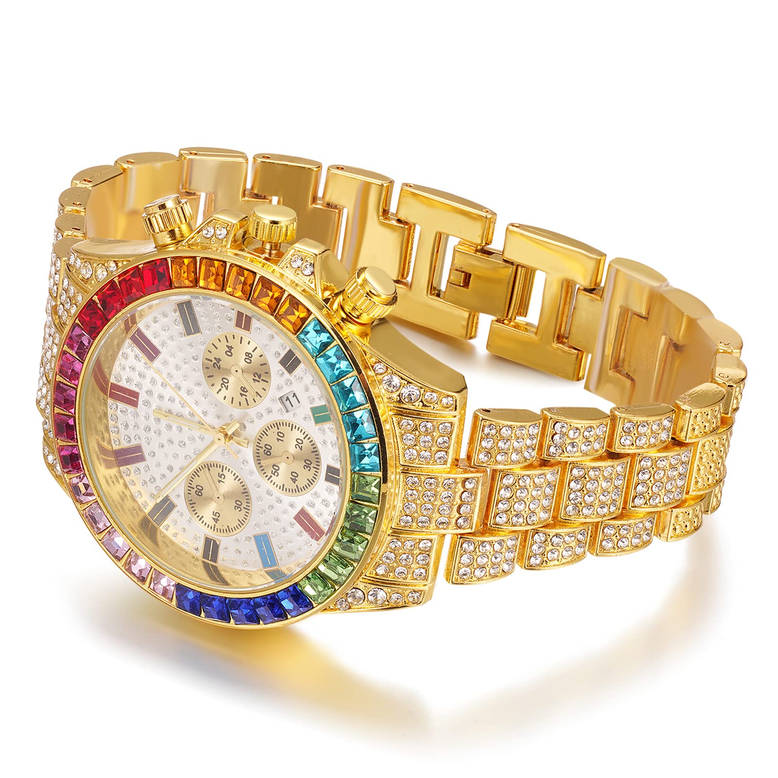 HALUKAKAH Reloj con Diamantes Multicolor, Chapado en Oro de 18 Quilates/Oro Rosa/Blanco Platino, 40MM Esfera Blanca, Cuarzo, Cadena Cubana, Collar y Pulsera