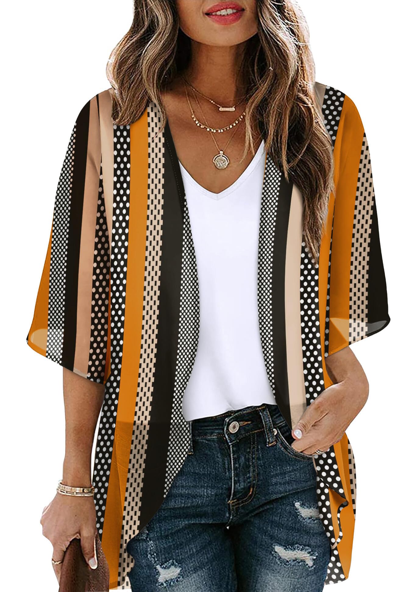 OFEEFAN Beach Cover Ups for Women 3/4 Length Sleeve Womens Tops Summer Cardigan Casual Blouses Loose Fit