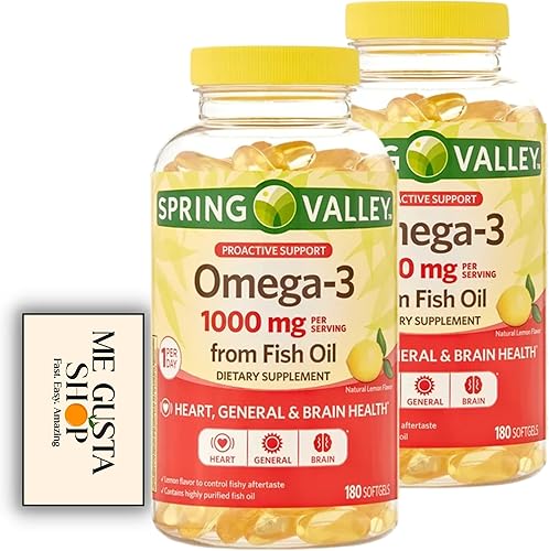Miniatura 7 de Spring Valley - Geles suaves de aceite de pescado Omega-3, 1000 mg, 180 unidades (paquete de 02) 360 en total + calcomanía Me Gustas (2)