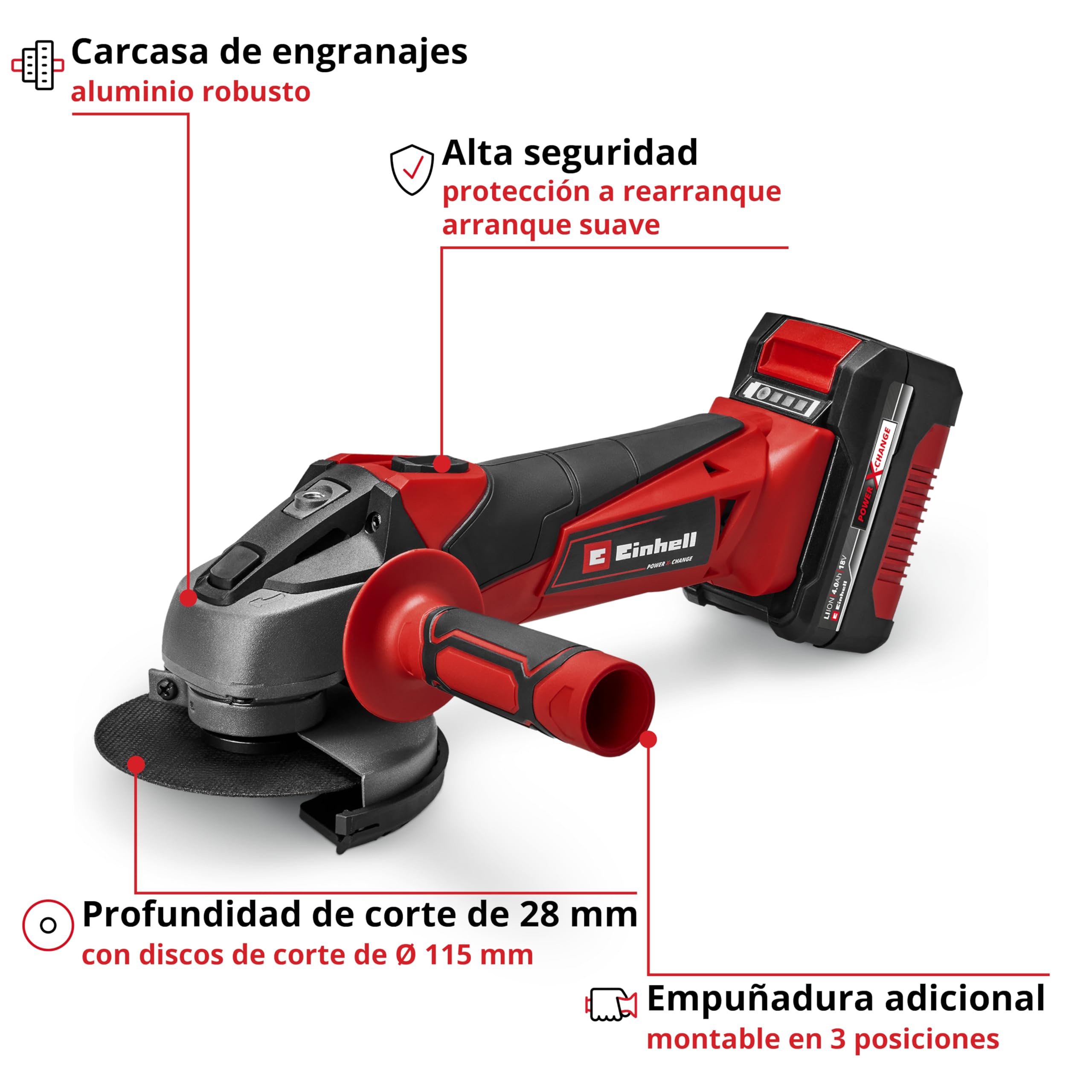 Einhell Amoladora angular con batería TC-AG 18/115 Li Power X-Change (18 V, 115 mm de diámetro de disco, 28 mm de profundidad de corte, arranque suave, incl. 1 batería de 4,0 Ah y cargador)