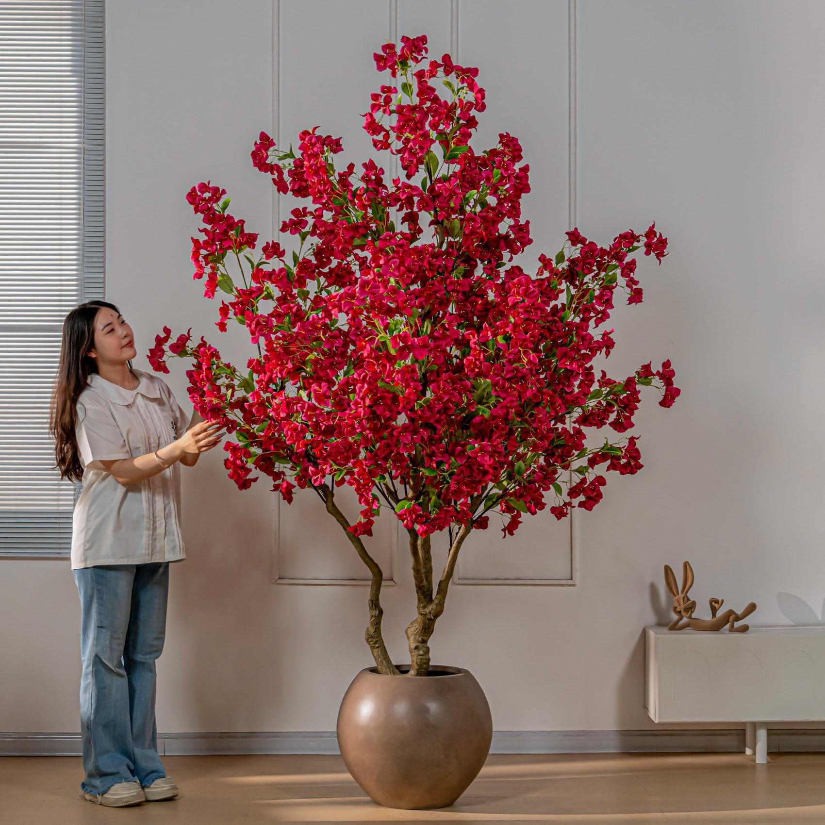 Red Artificial Bougainvillea Tree, Potted Faux Blossom Floor Plant with Round Brown Planter, Lifelike Fake Flower for Commercial Shop Wedding(3 * 2.5M)