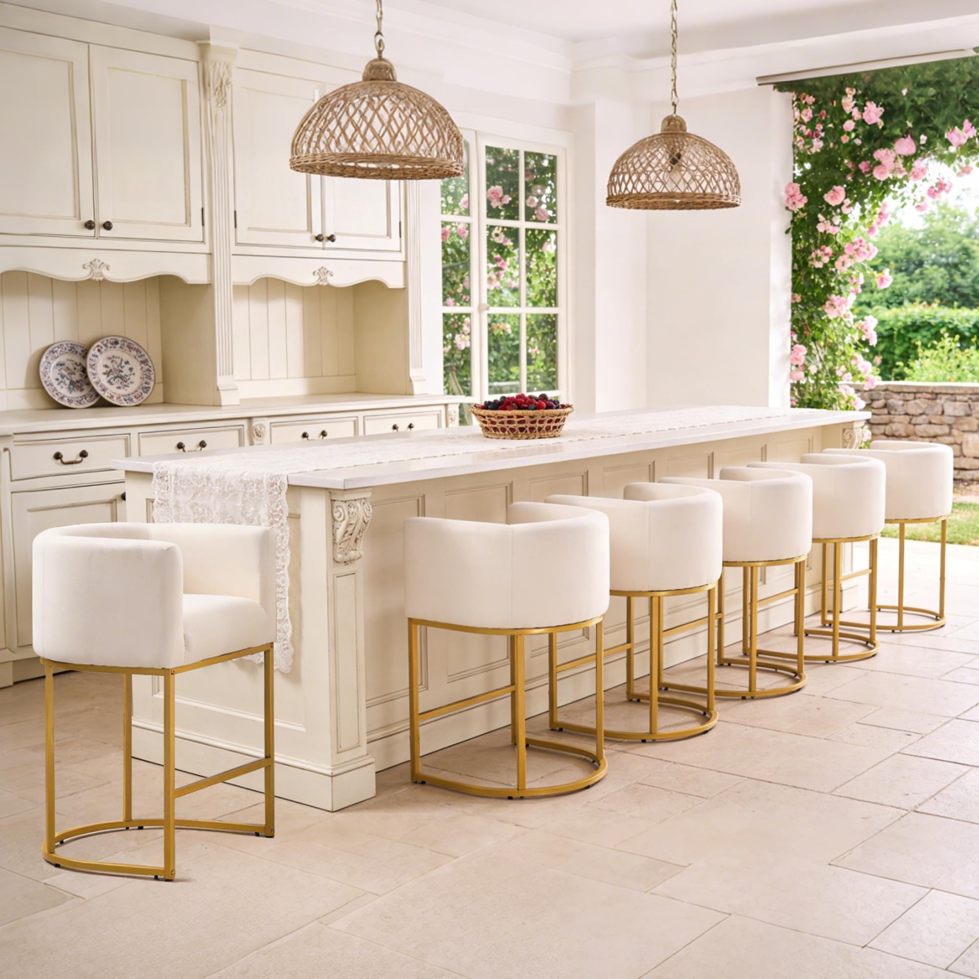 ClinQ 26" H Counter Height Bar Stools Set of 6, Modern Barrel Counter Stools with Backrest and Arms, Gold Metal Frames,Fabric Upholstered Accent Barstools for Kitchen Island, Beige Linen