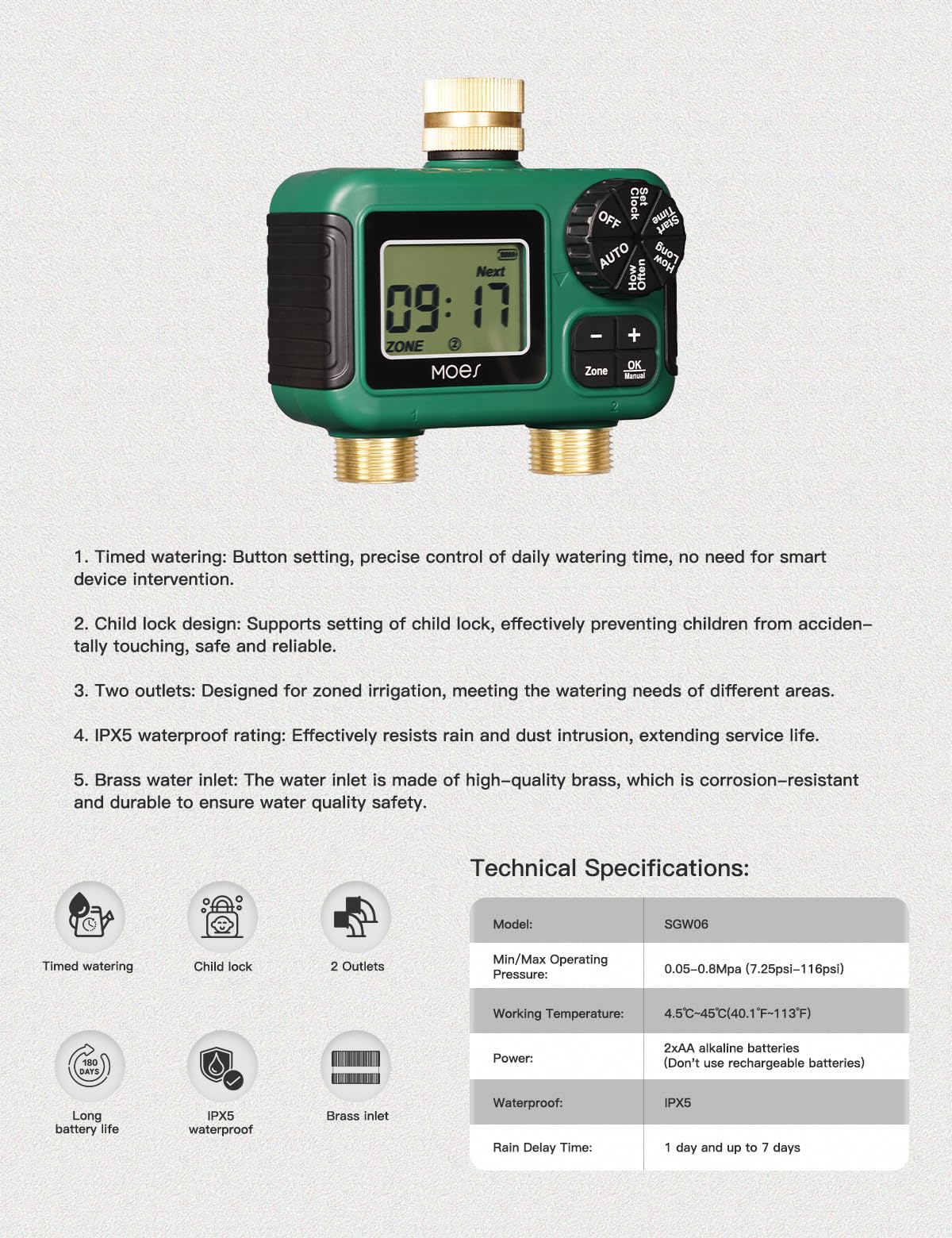 MOES Timer irrigatore a 2 uscite, ingresso e uscita in ottone, regolatore automatico programmabile per irrigazione, ritardo pioggia, irrigazione manuale, timer per tubi dell'acqua a 2 zone per
