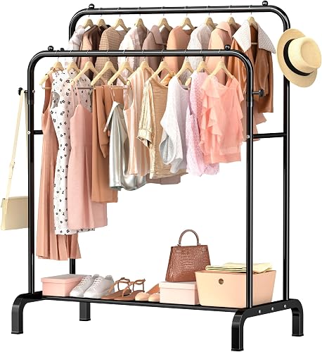 Clothes Rail Metal Double Pole Garment Rack Multifunctional Clothes Racks with Shelves for Hanging Clothes,Suitable for Home Bedroom
