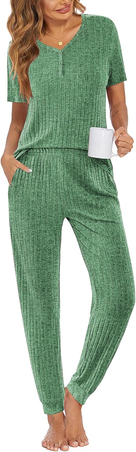 Ekouaer Pajamas for Women Set 2 Piece Rib Knit Lounge Set Joggers Loungewear Short Sleeve Pjs with Pockets Small Green