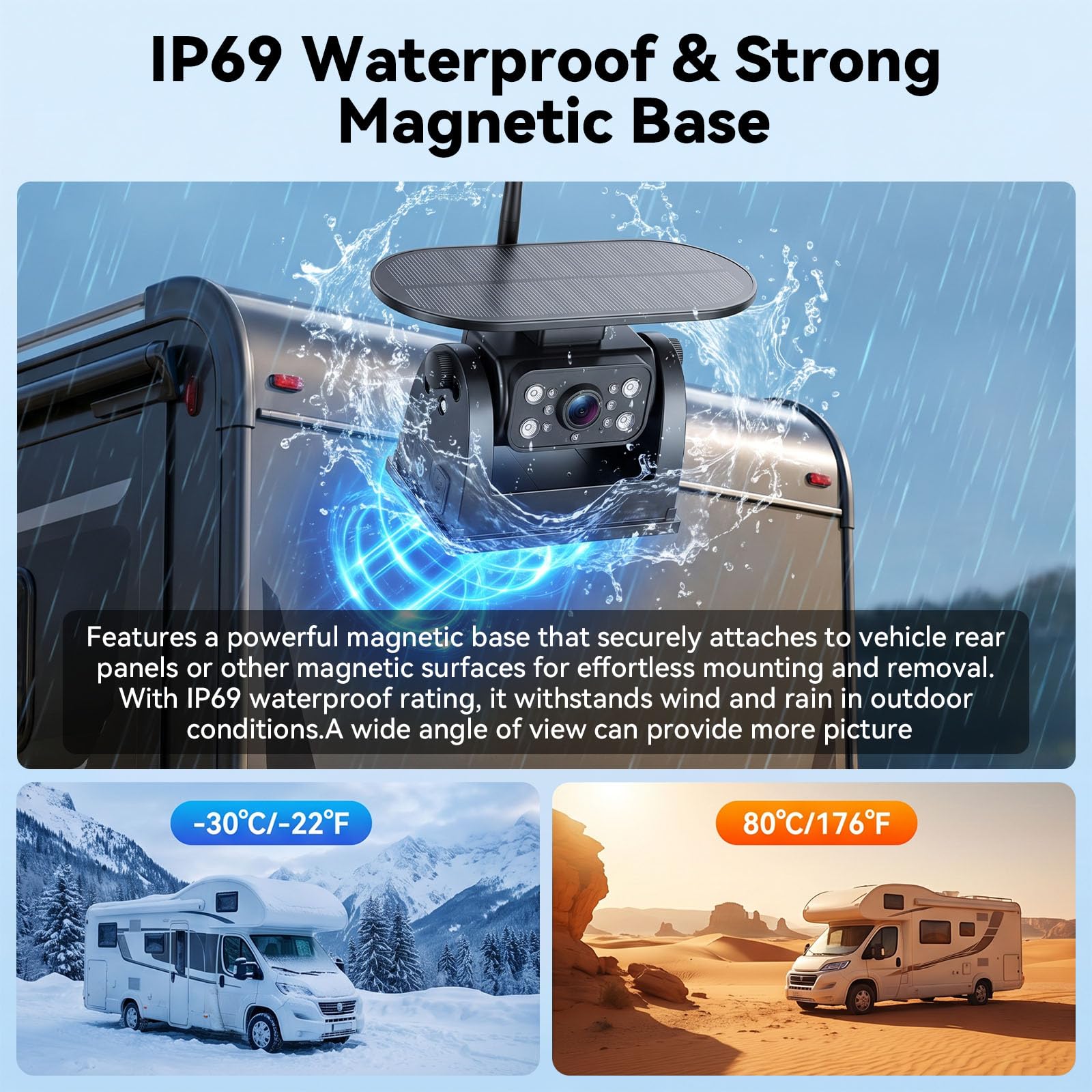 SIXTOP Caméra de Recul sans Fil Solaire – Écran HD IPS 5 Pouces – Montage par Aimant Puissant – IP69K étanche – Vision Nocturne à Infrarouges – pour Camping-Car, Caravane, Remorque, Camion
