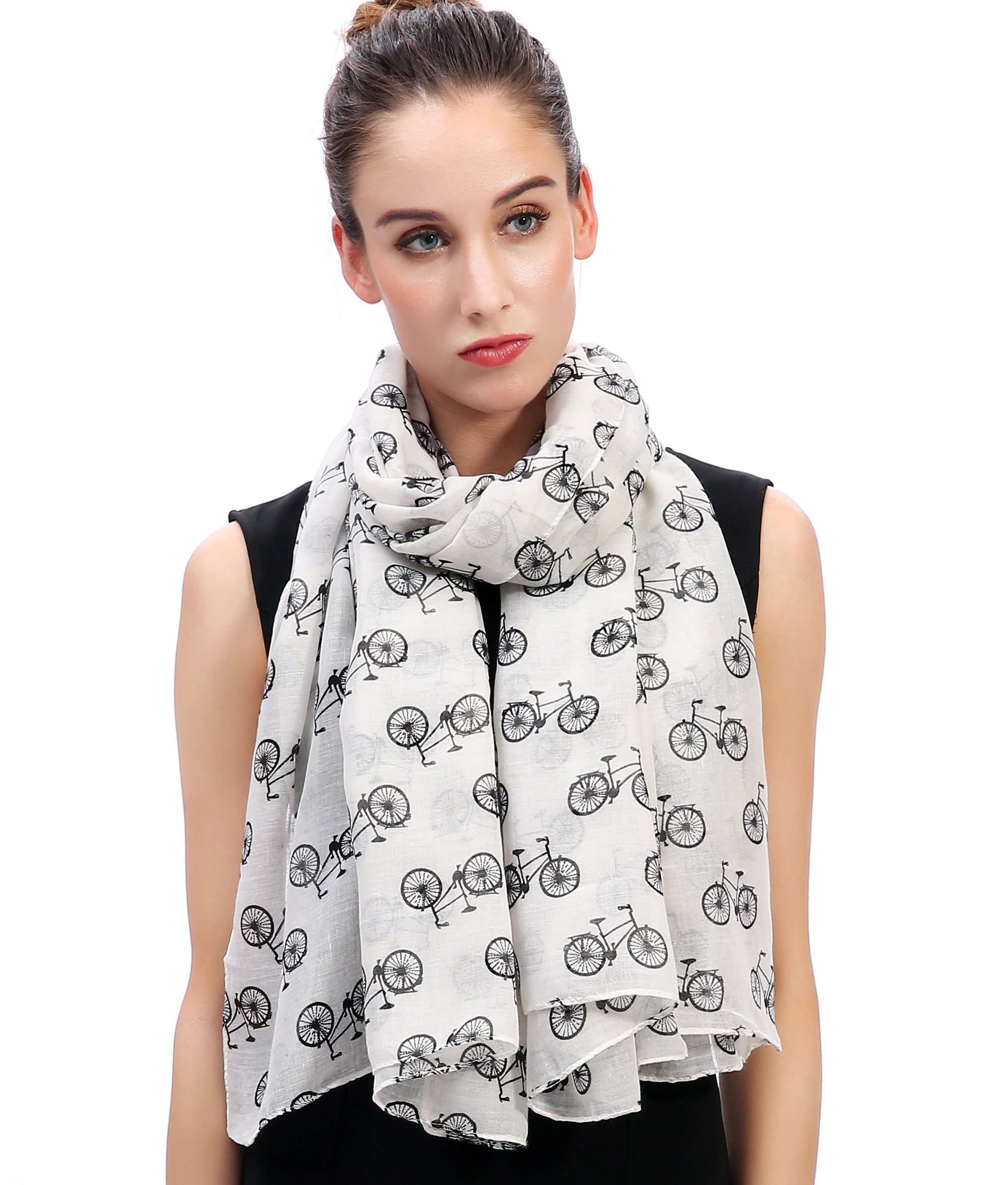 Lina & Lily Bicycle Print Women's Scarf Shawl Wrap Lightweight (White & Black)