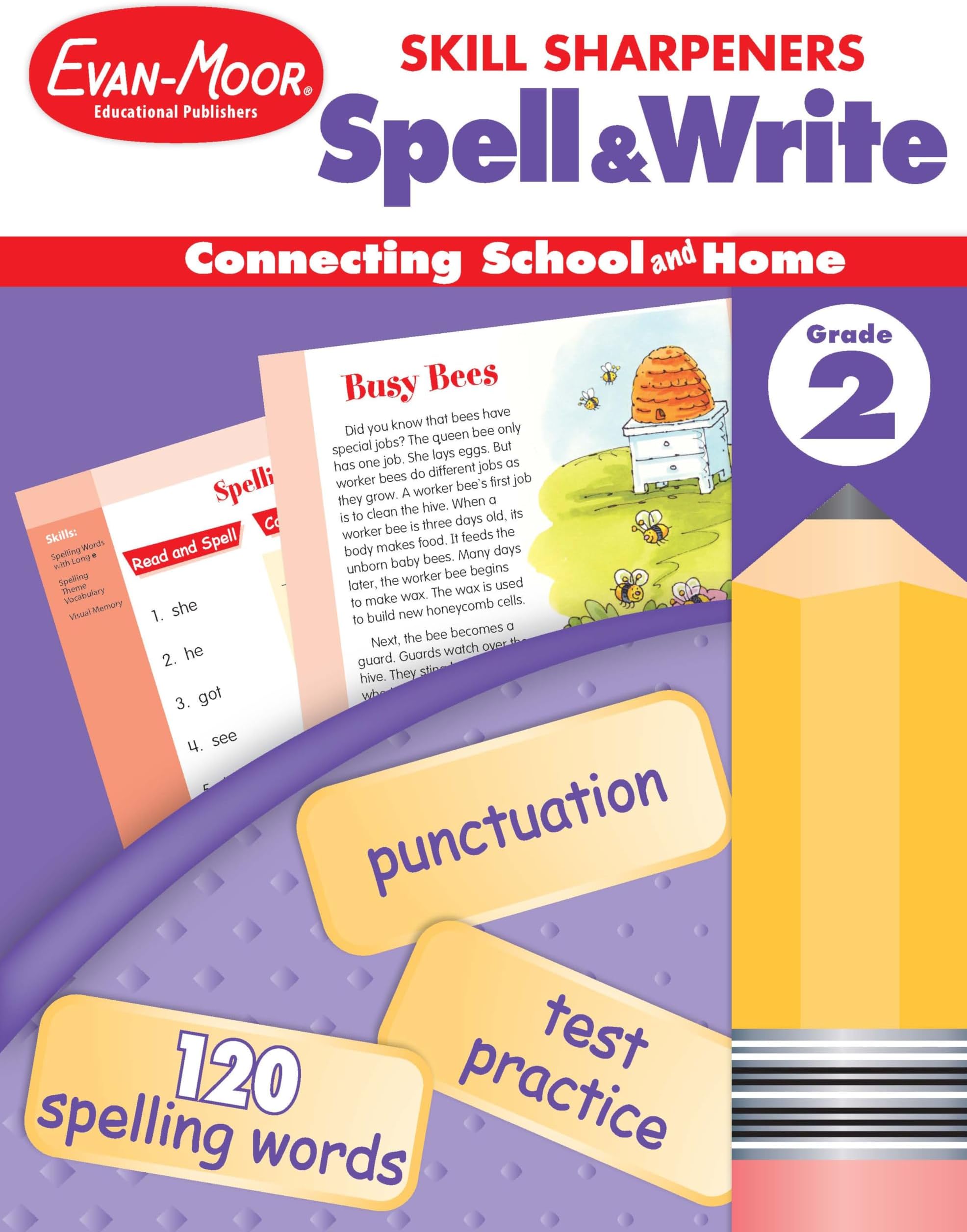 Evan-Moor Skill Sharpeners Spell and Write Workbook, Grade 2, 120 Spelling Words, Test Prep, Word Families, Short Vowels, Grammar, Punctuation, Creative Writing, Vocabulary, Activities, Homeschool