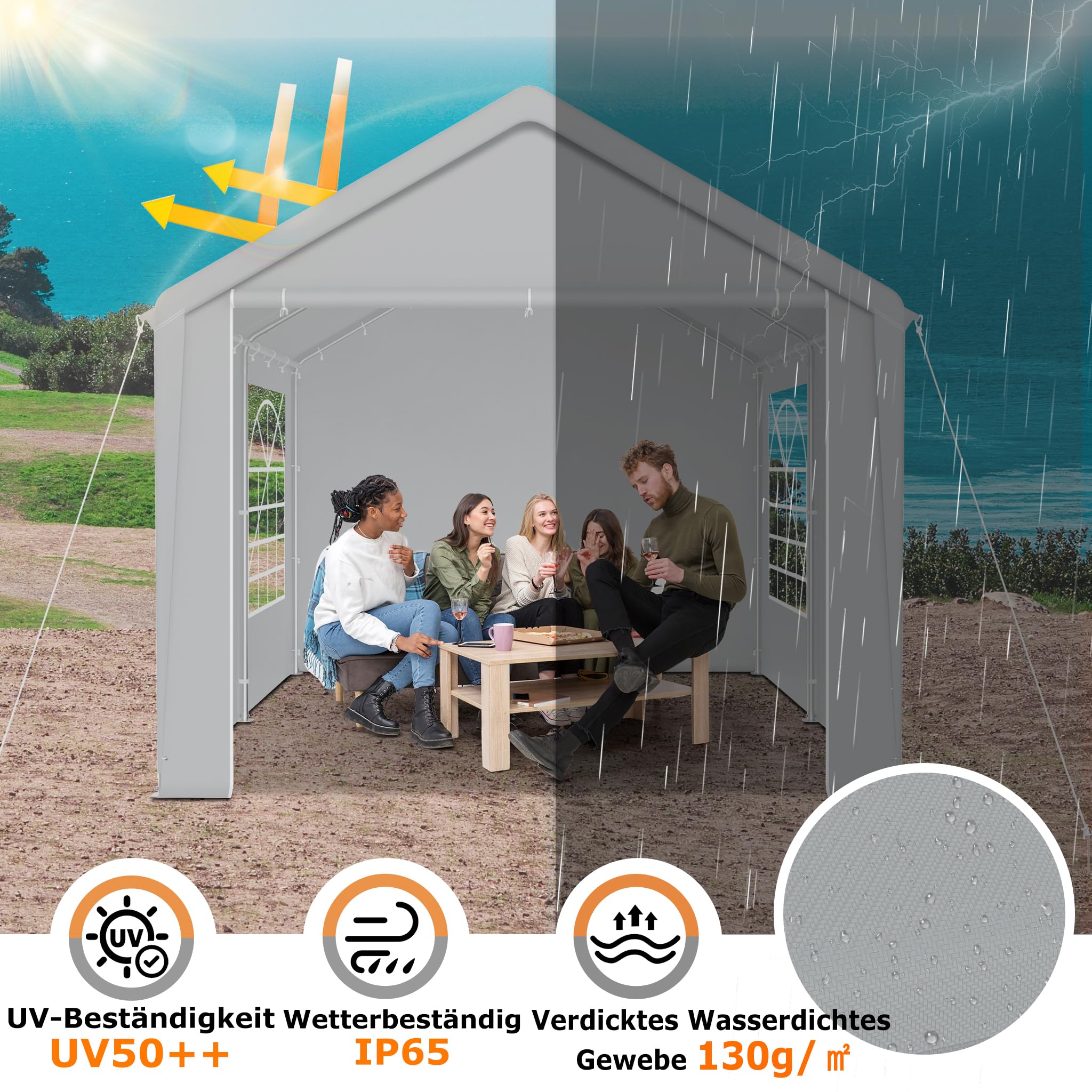 Carpa grande de 3 x 4 m, protección UV, con paneles laterales, resistente al agua, para invierno, con ventana, para bodas, exteriores, jardín, color gris