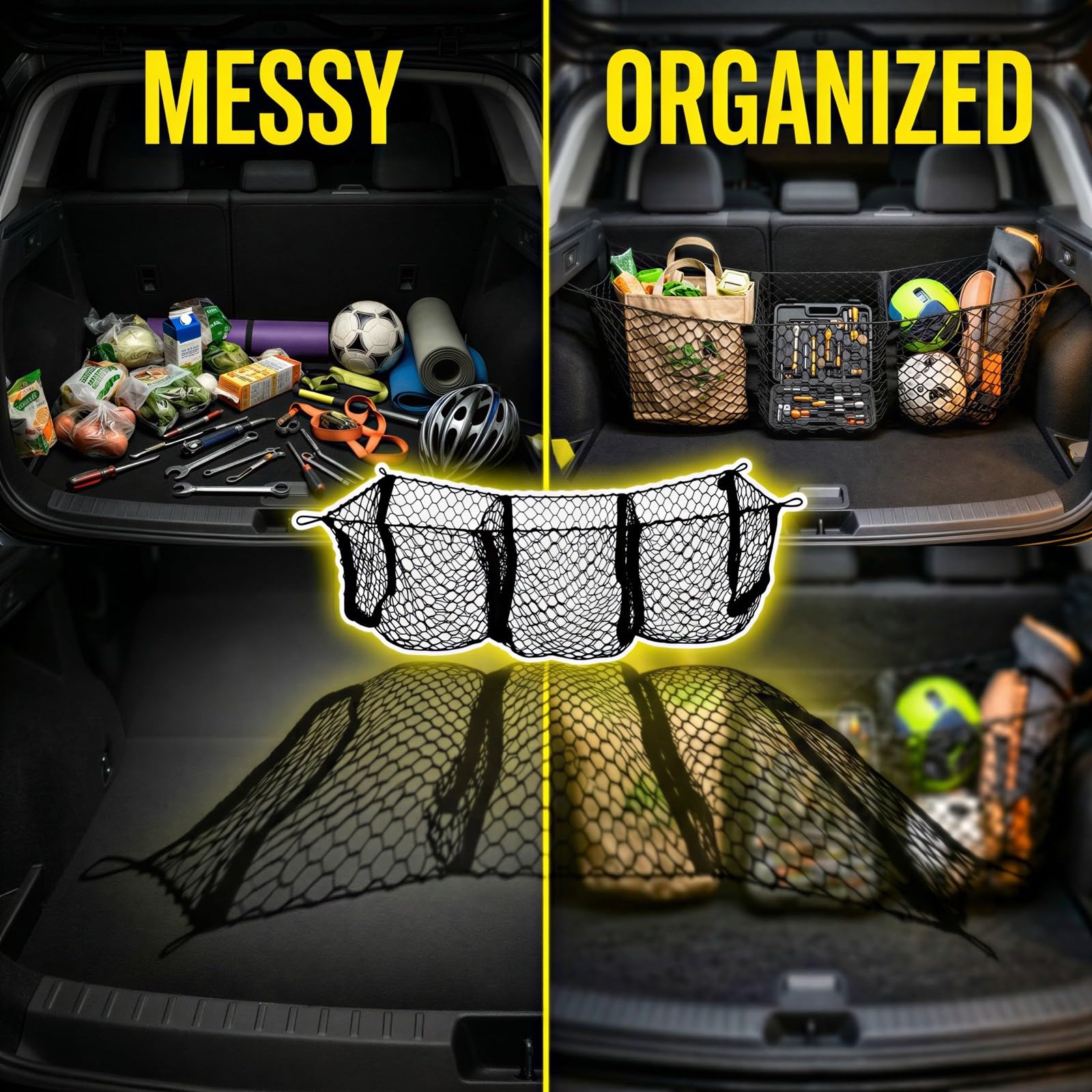 Generisch Kofferraumnetz für Auto, 43 x 12 in, dehnbarer 3-Taschen-Netz-Organizer, schwarzes Mesh-Aufbewahrungsnetz mit Montageset für Pickup, Kofferraum und Ladefläche, für Einkäufe und Zubehör