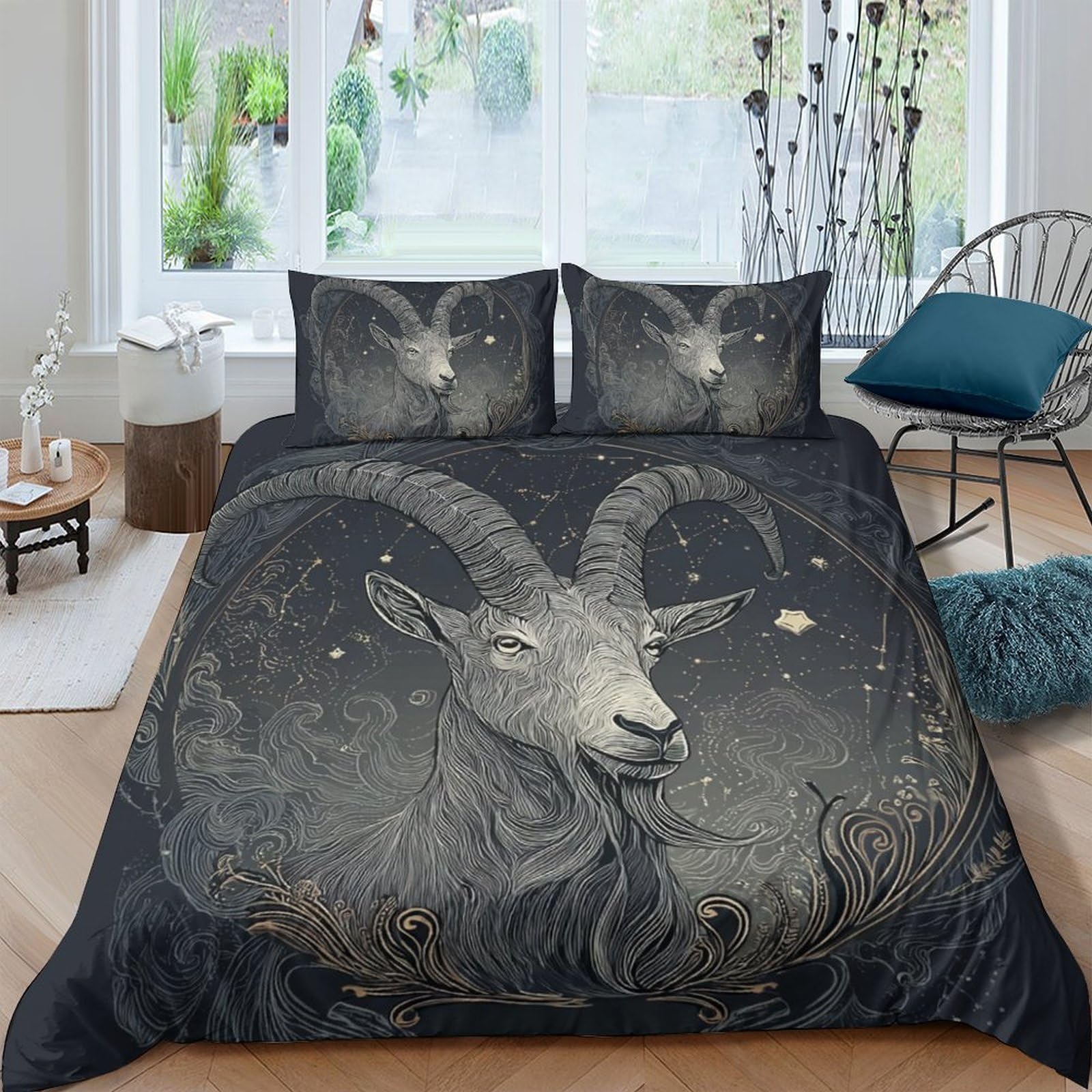 Ctjqhvkz Style-3 3D Printed Mysterious Goat Fitted Sheet Microfiber Black Forest Mattress Cover For Bedroom Dorm Mattress Protection Decor Single（135X200cm）