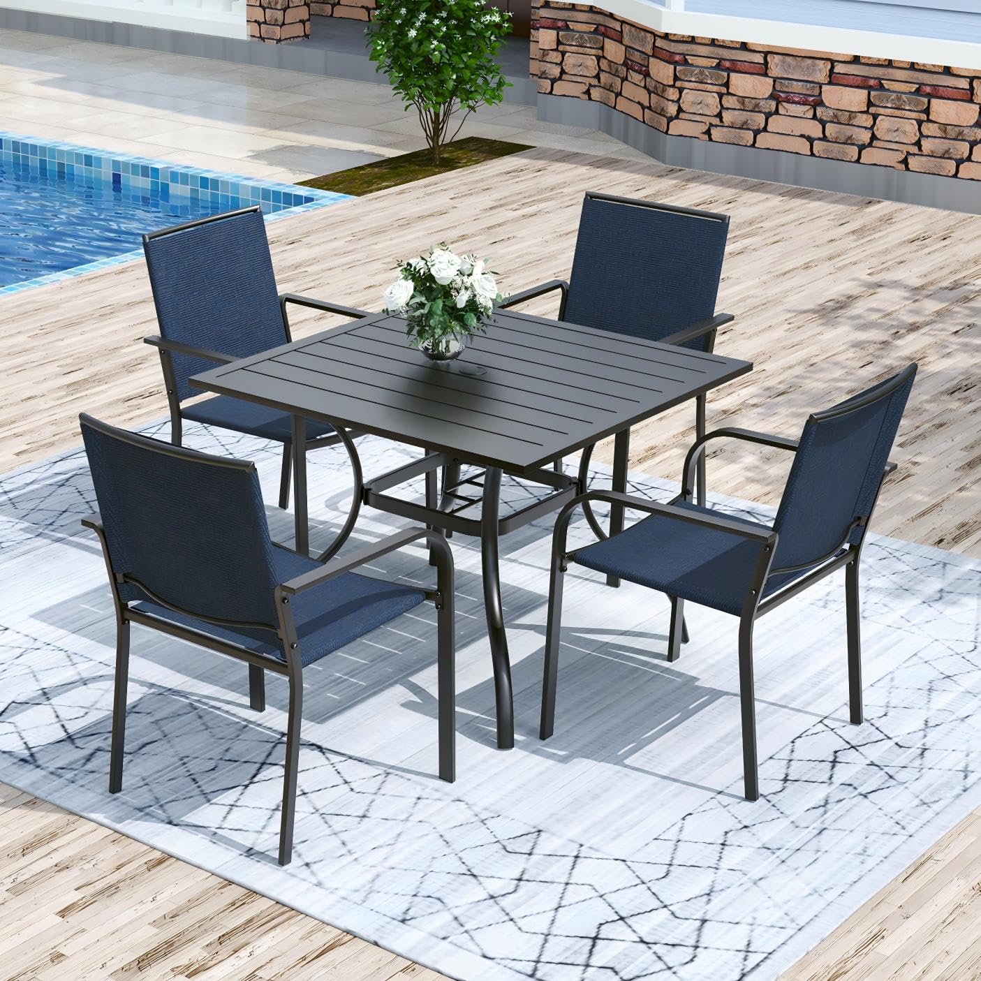 Anmutig 5 Piece Patio Dining Set, 35" Square Table &amp; Stackable Chairs Blue