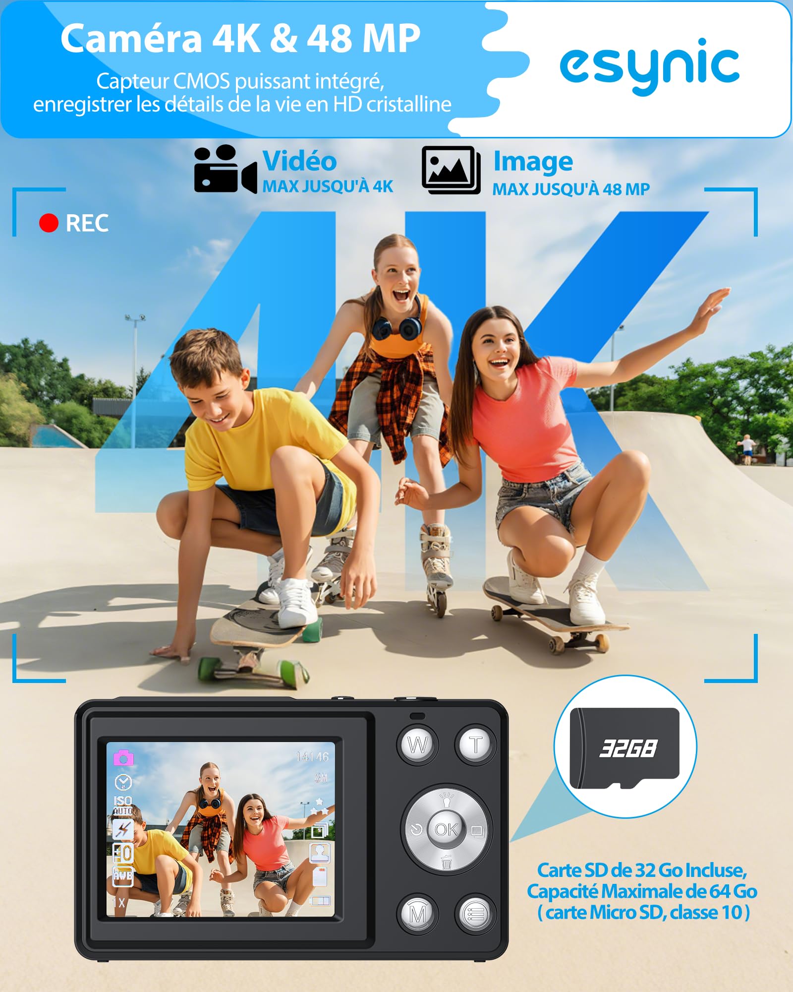 eSynic Appareil Photo Numérique 4K 48MP 18X Zoom Numérique Deux Écrans LCD Carte Mémoire 32 Go Noir