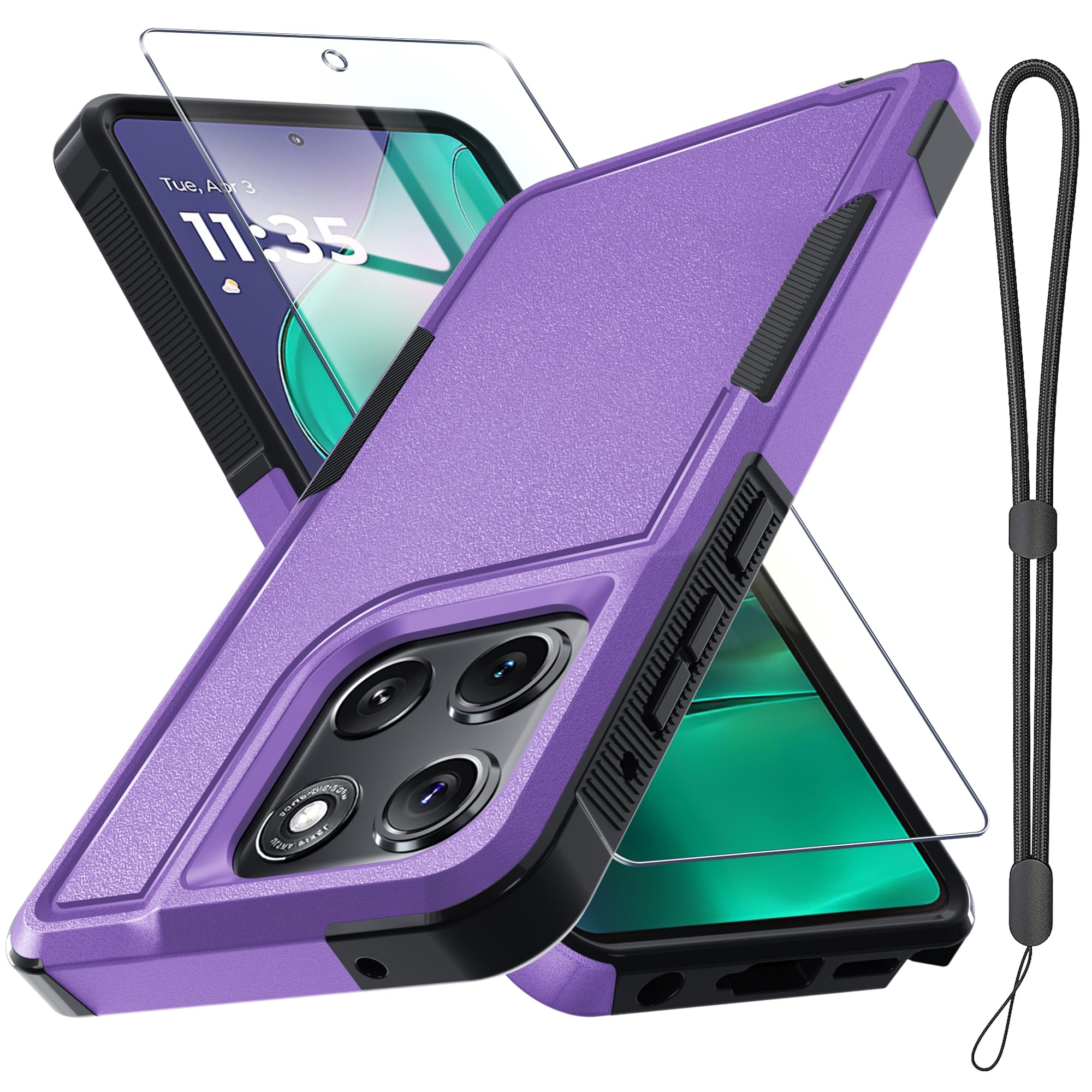RMOCR for Moto G Stylus 5G 2025 Case, Full Body Heavy Duty Rugged Shockproof Protective Phone Cover with Lanyard Strap, Tempered Glass Screen Protector, Lavender