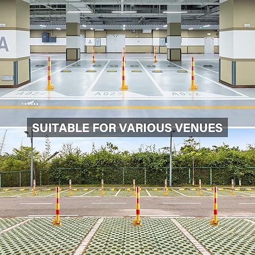 Miniatura 7 de Poste de estacionamiento de resorte, barrera de estacionamiento, bloqueo de estacionamiento plegable de metal pesado con rayas de advertencia, pilas