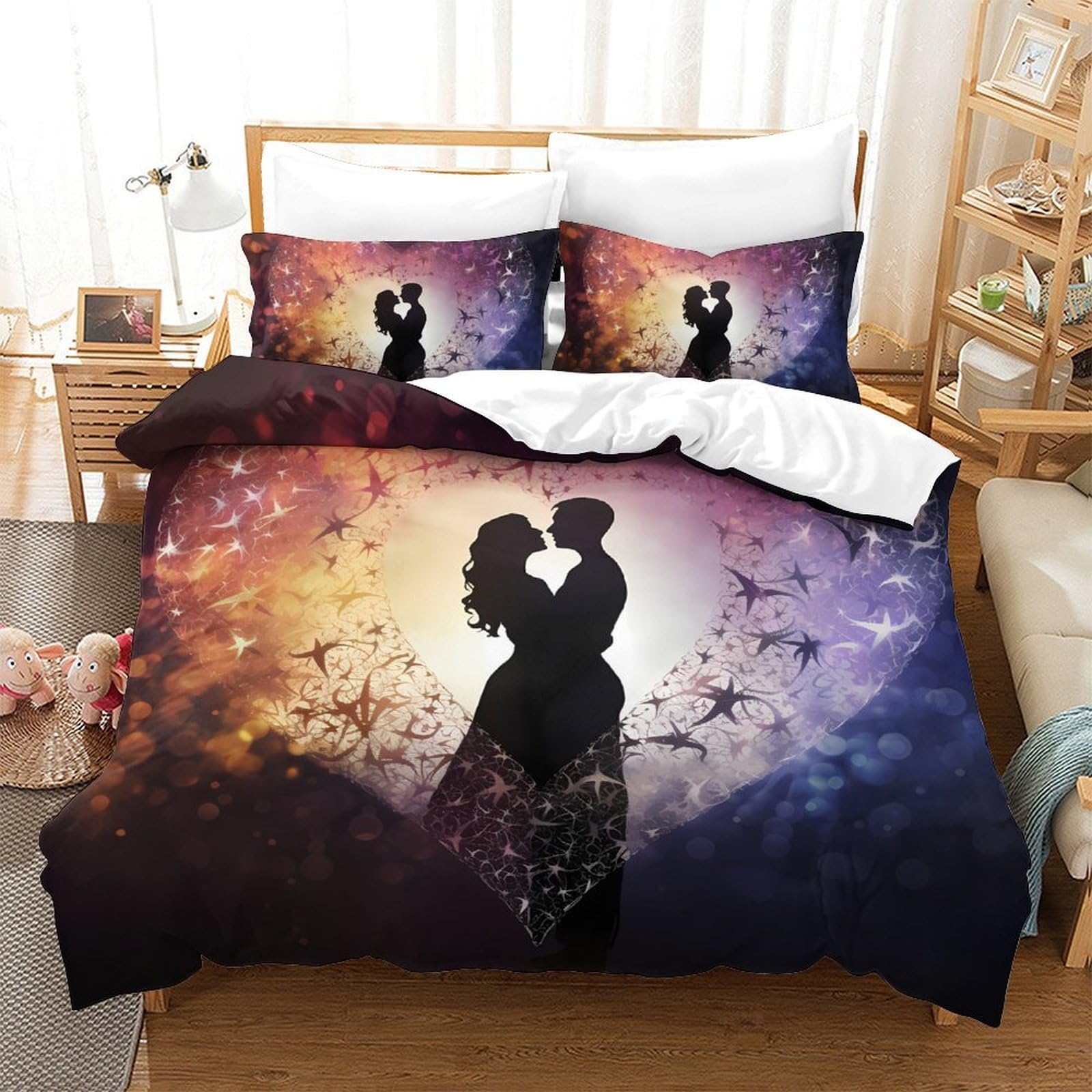 Sagoma Romantica 3D Print Copripiumino Coppia Microfibra Decorazione Camera Set Biancheria Coppia Morbido Traspirante per Giovani Adulti Super king（260x220cm）