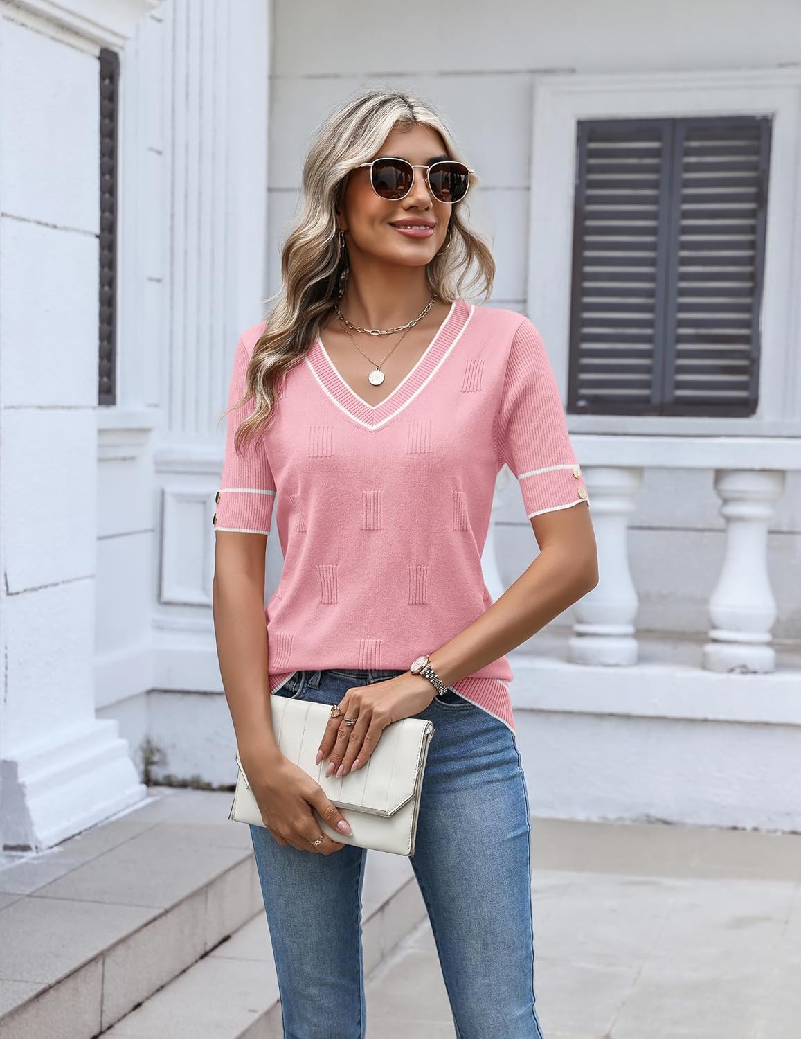 Zeagoo Womens Short Sleeve Sweater 2026 Summer V Neck Lightweight Sweater Tops Dressy Ribbed Knit Outfits with Buttons - Image 4