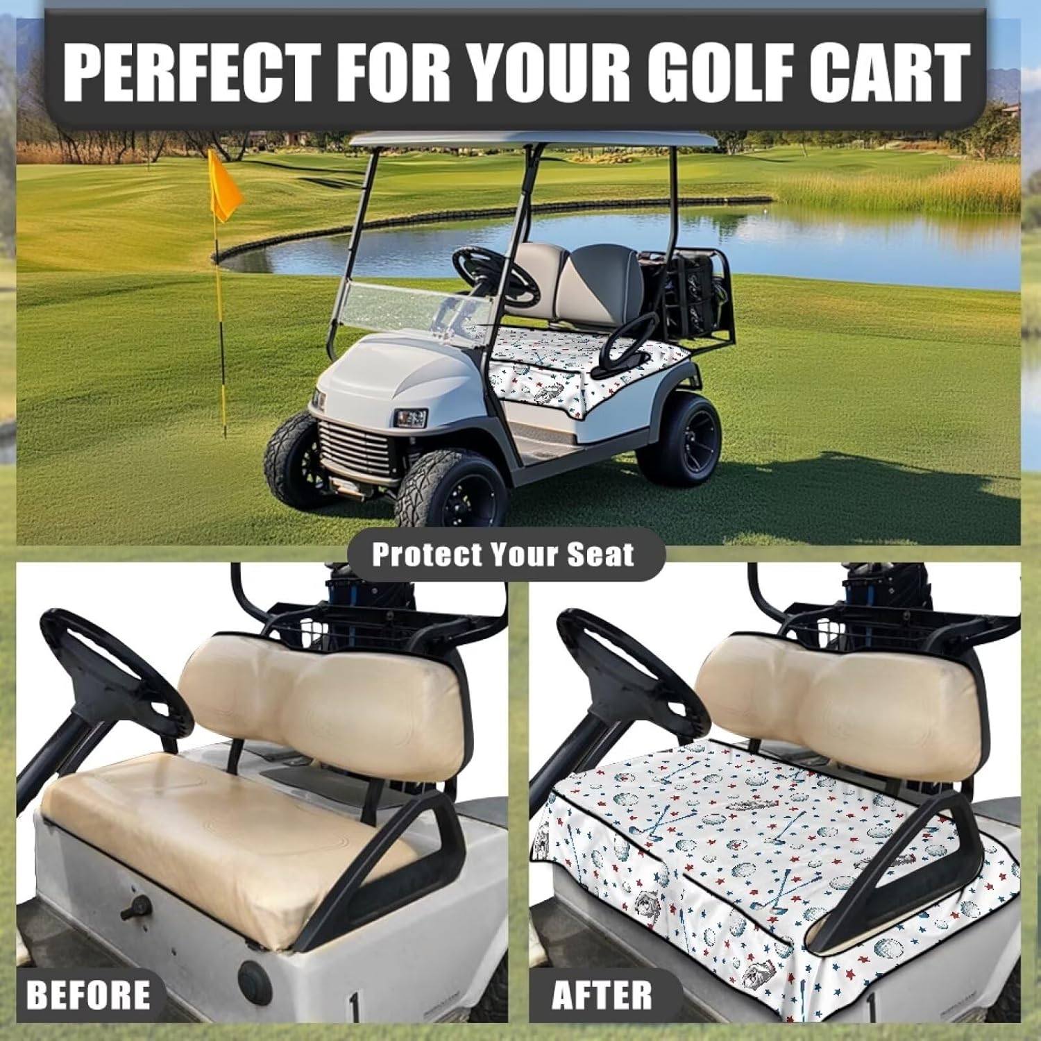 Golf Cart Seat Covers, Easy to Install Non-Slip Golf Cart Seat Towel Blanket 4 Front Pockets Universal Golf Cart Cushion Covers Golf Gloves and Star Print Golf Cart Accessories