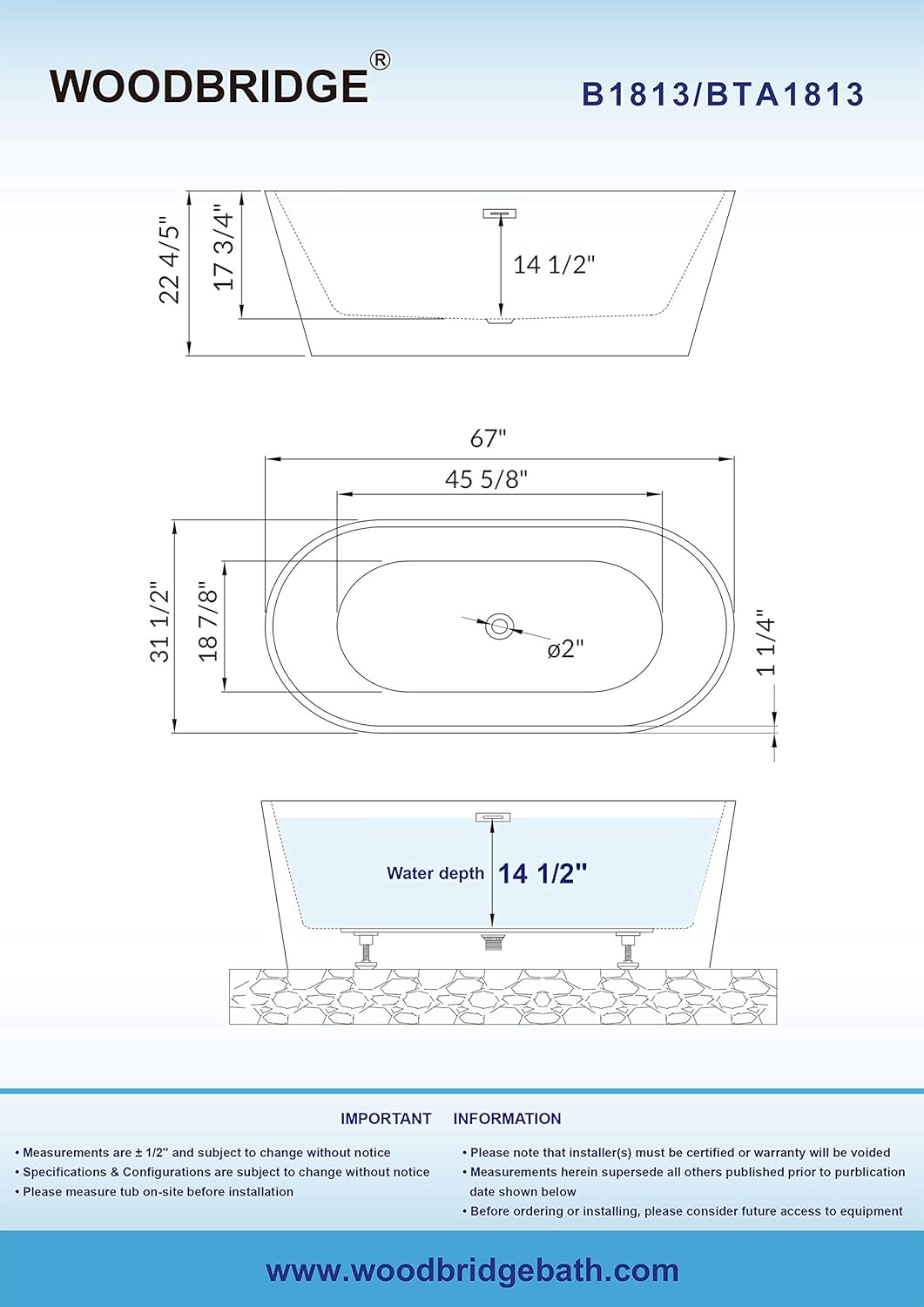 Technical drawing with dimensions for the WOODBRIDGE BTA1813 bathtub.