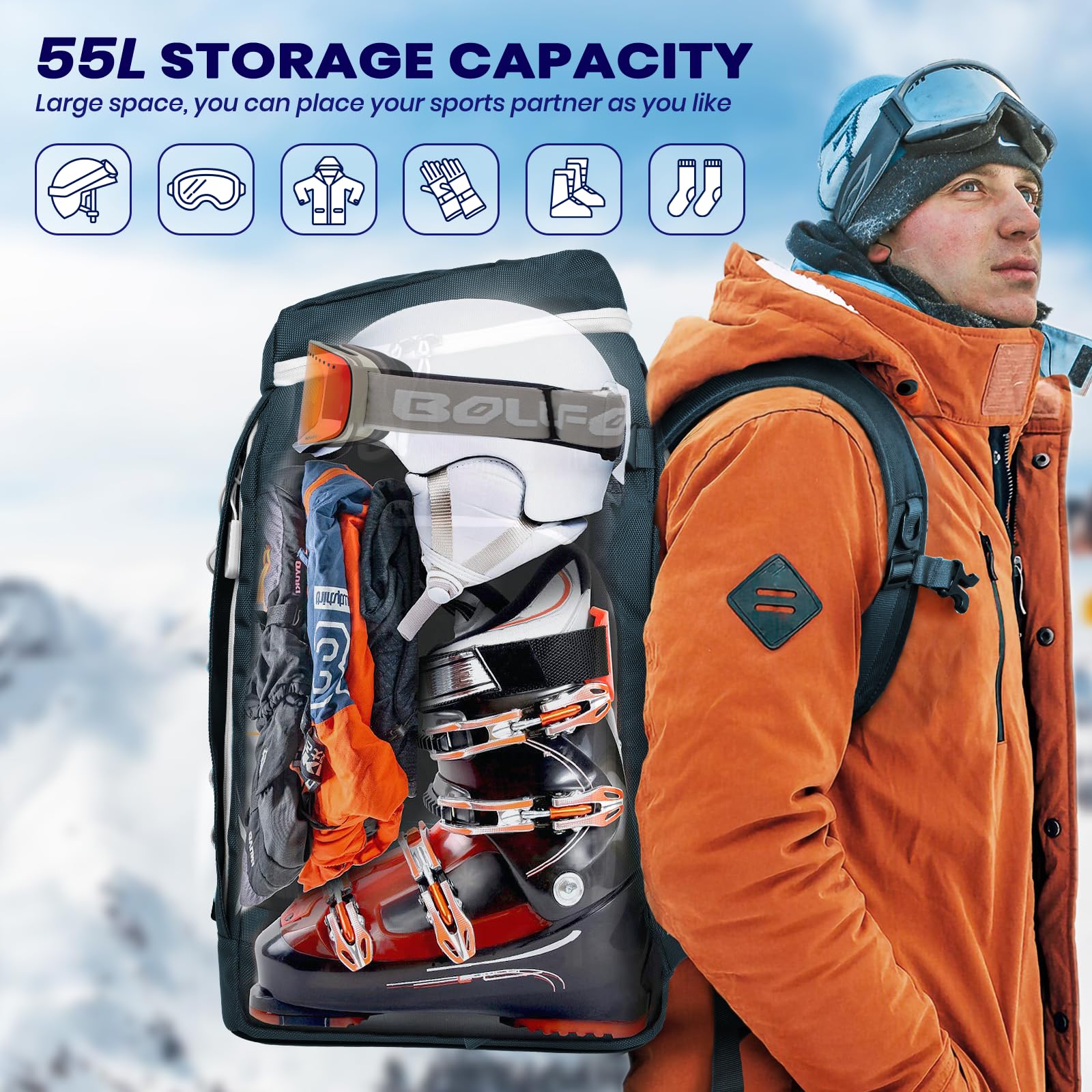 RESVIN Ski Boot Bag, Large 55L Ski Boot Bag Backpack 1680D  display picture 1