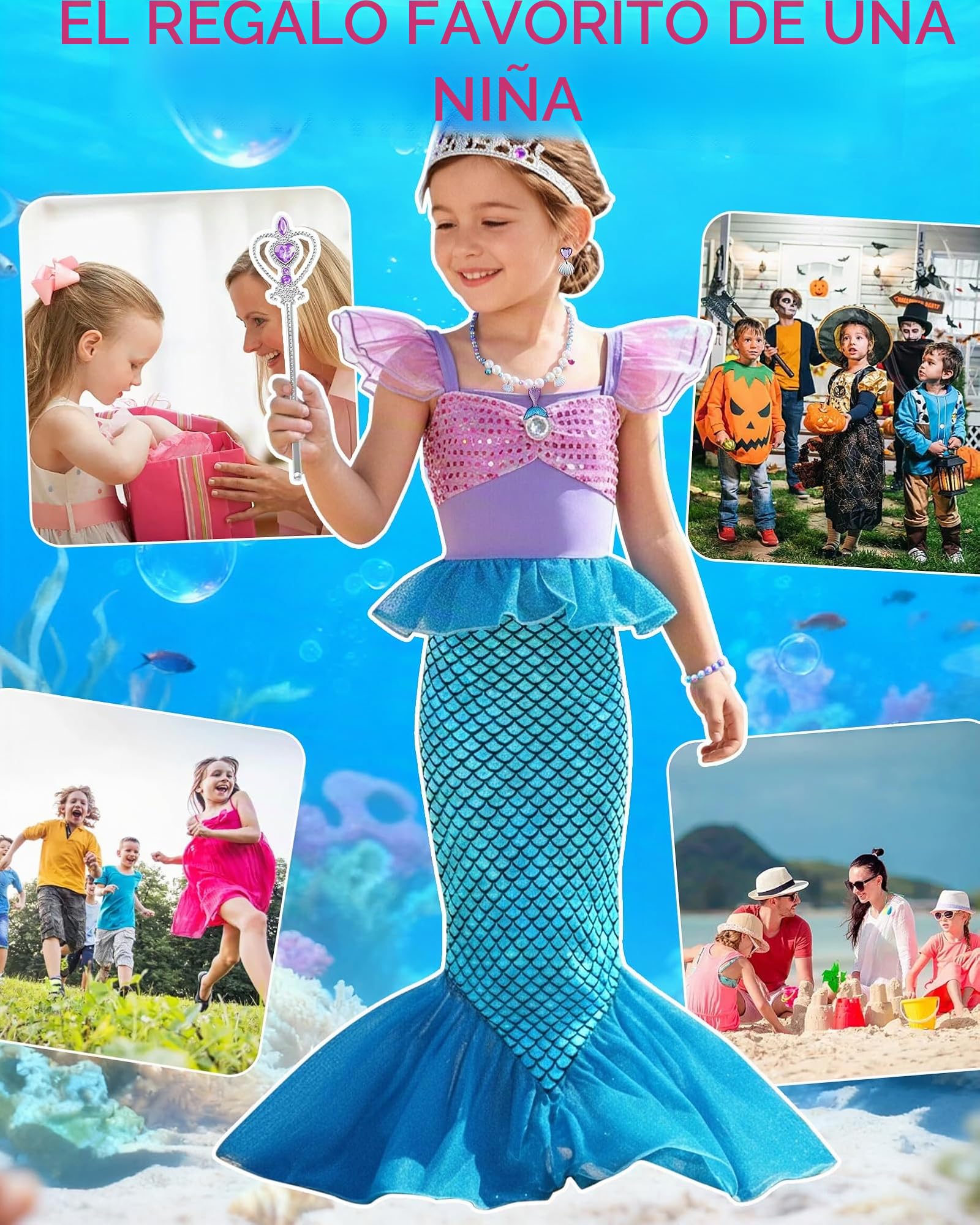Disfraz de princesa sirena para niñas, vestido con purpurina con accesorios de 3 a 10 años, para Navidad, cumpleaños, día mundial del libro, cosplay