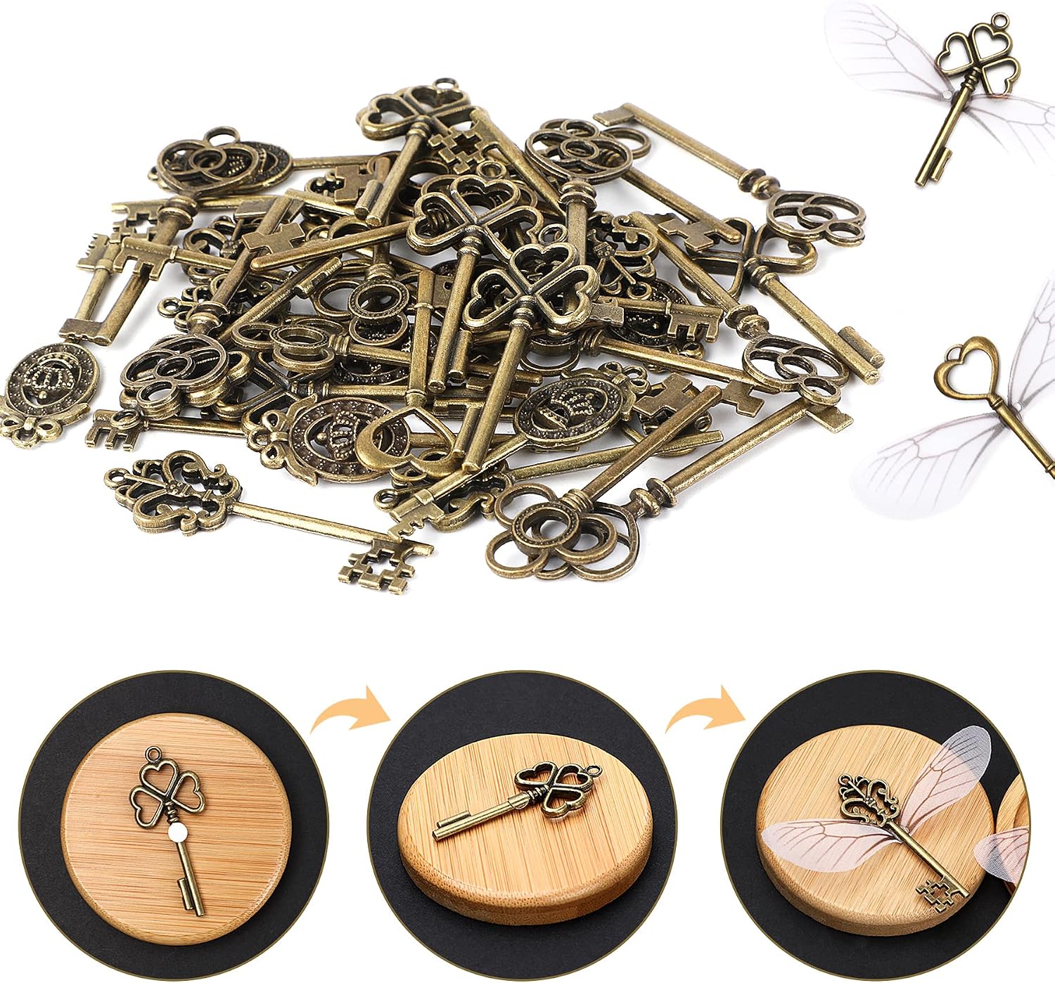 SANNIX 48 PCS Large Vintage Skeleton Keys Flying Keys Charms with 50 Pairs Dragonfly Wings and 60 Yards Elastic Crystal String for DIY Christmas Decorations Magic Theme Wizard Party Supplies