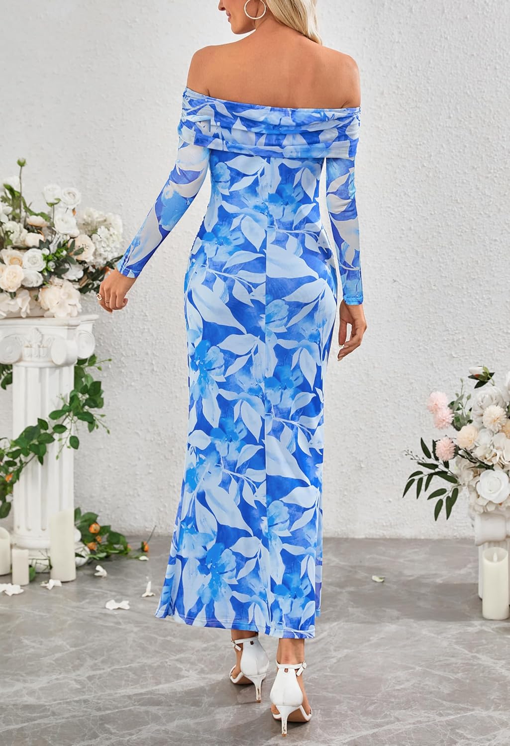 MEROKEETY Women's Fall Off Shoulder Floral Maxi Dresses Formal Long Sleeve Bodycon Cocktail Wedding Guest Dress - Image 4