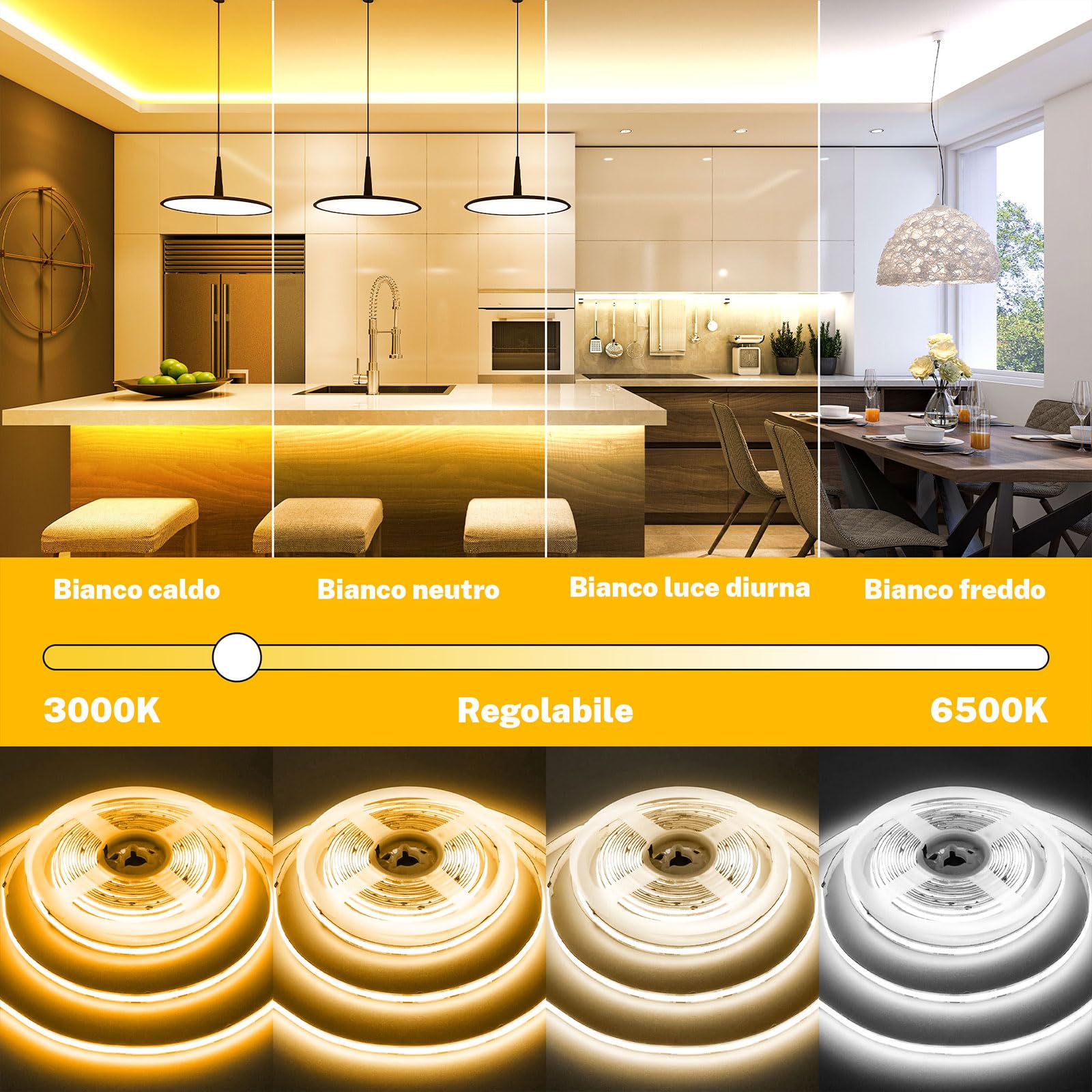Gliztech 10M Striscia LED COB Bianca Compatibile con Alexa, da 3000k a 6500k Striscia Led 24V Dimmerabile, Illuminazione Sottopensile con Telecomando e App Strip Led per Cucina e Camera da Letto