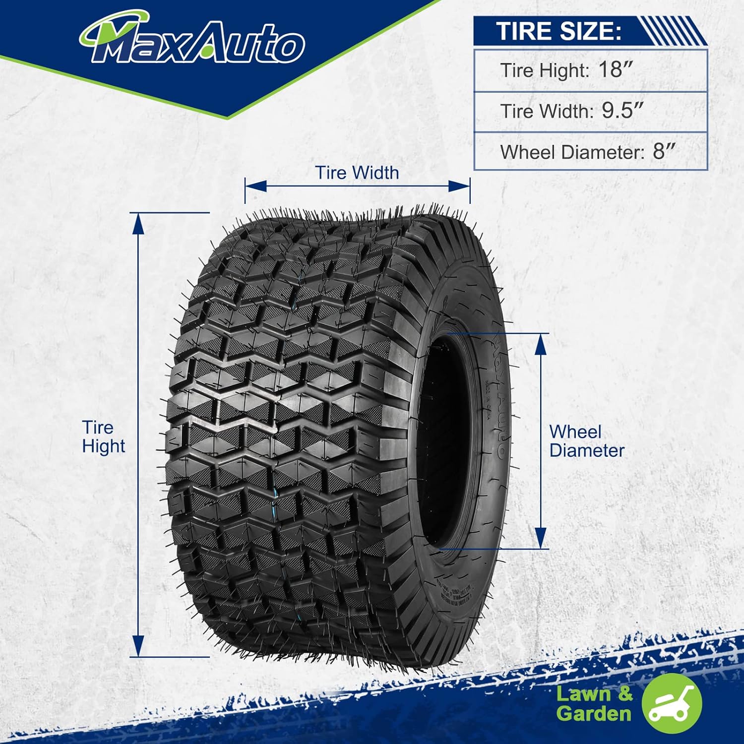 MaxAuto FOX V1 18x9.50-8 Lawn Mower Tires, Patent Design Fox V1 Garden Mower Tire, 18x9.50-8nhs, 18x9.50 8 Rear Turf Tires, 4 Ply Tubeless Tire, 1040lbs Capacity, Set of 2