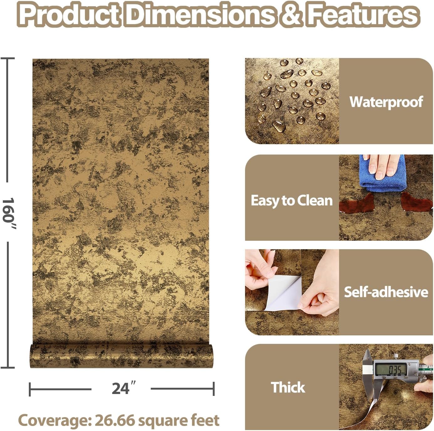 Black and Gold Wallpaper Peel and Stick Antique Metallic Wallpaper Gold Vinyl Wrap for Appliances Dishwasher Refrigerator Cover 24"x160" Waterproof Heat Resistant Textured Metal Sticker
