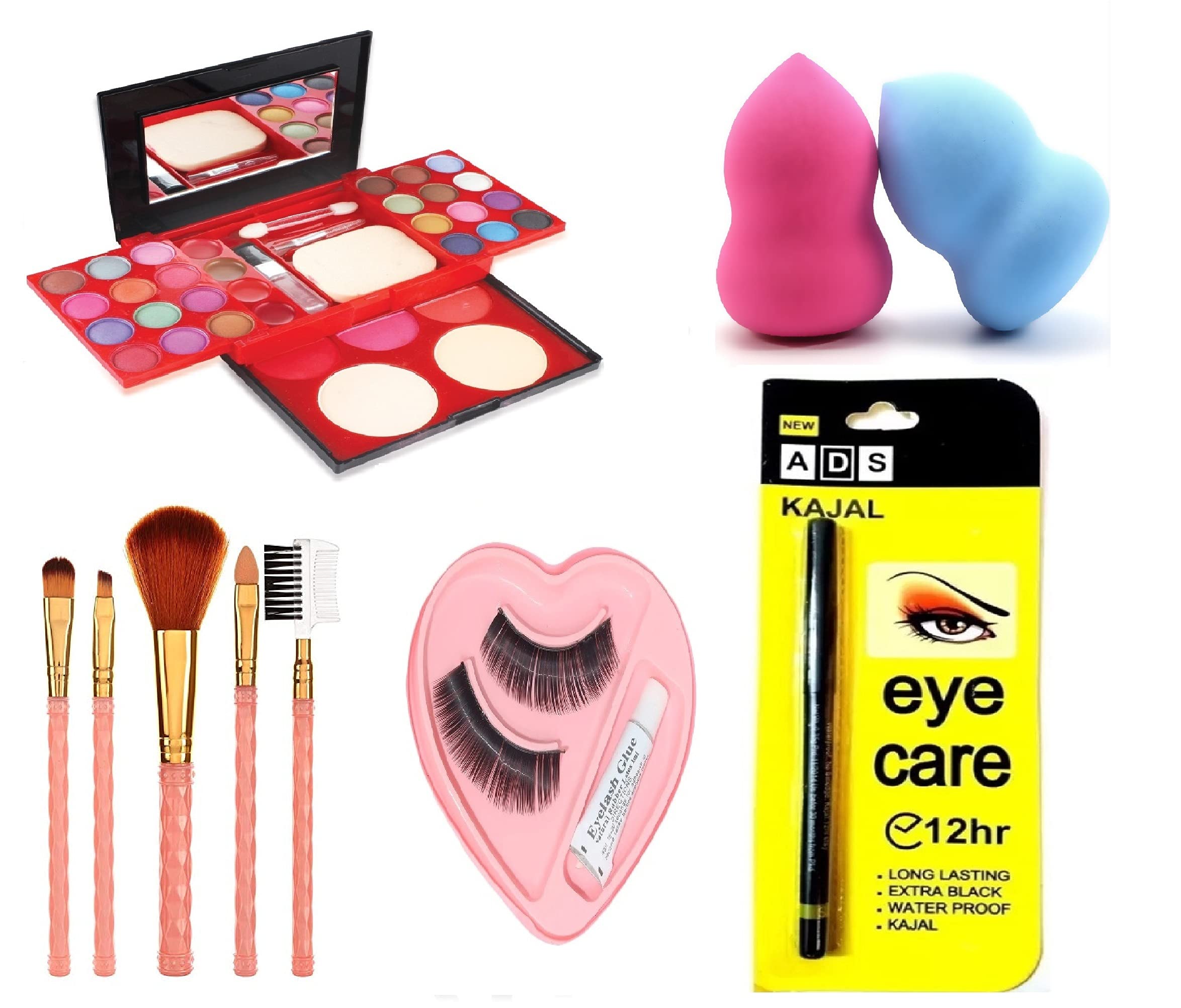 Glavon All-In-One Makeup Kit for Girls + 5 Pcs Makeup Brushes Set + 2 Pcs Beauty Blender + ADS Eye Care Waterproof Kajal Pencil + Bonjour Falls Eyelashes - [Combo of 10 Items]